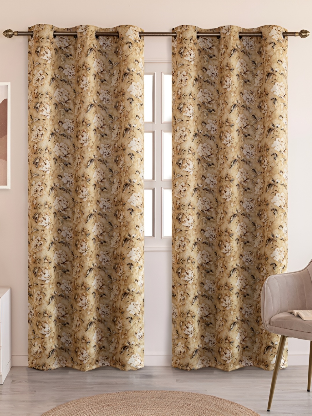 

HOMEMONDE Beige & White Set of 2 Floral Black Out Window Curtain