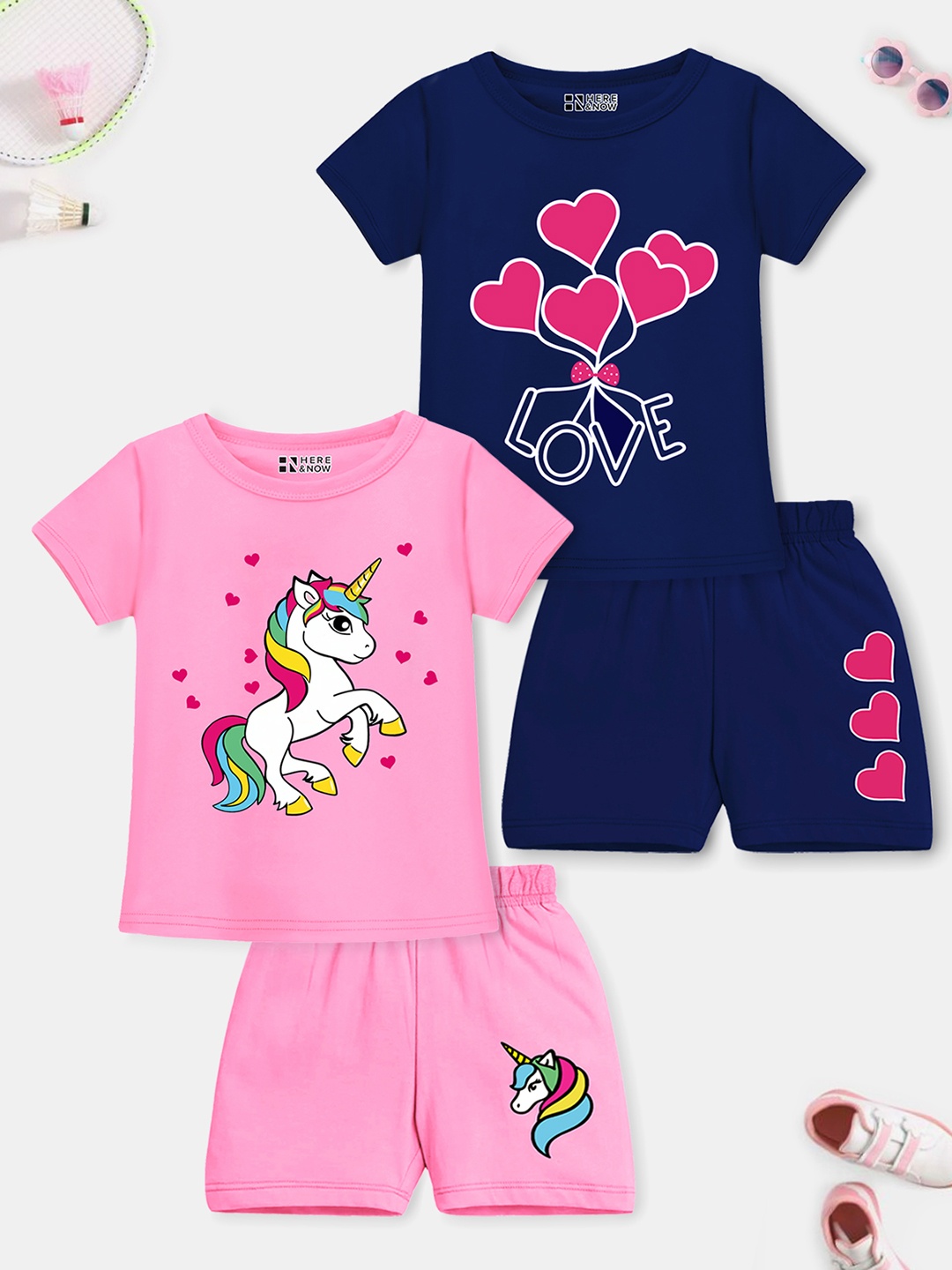 

HERE&NOW Girls Pack Of 2 Printed Top With Shorts, Pink