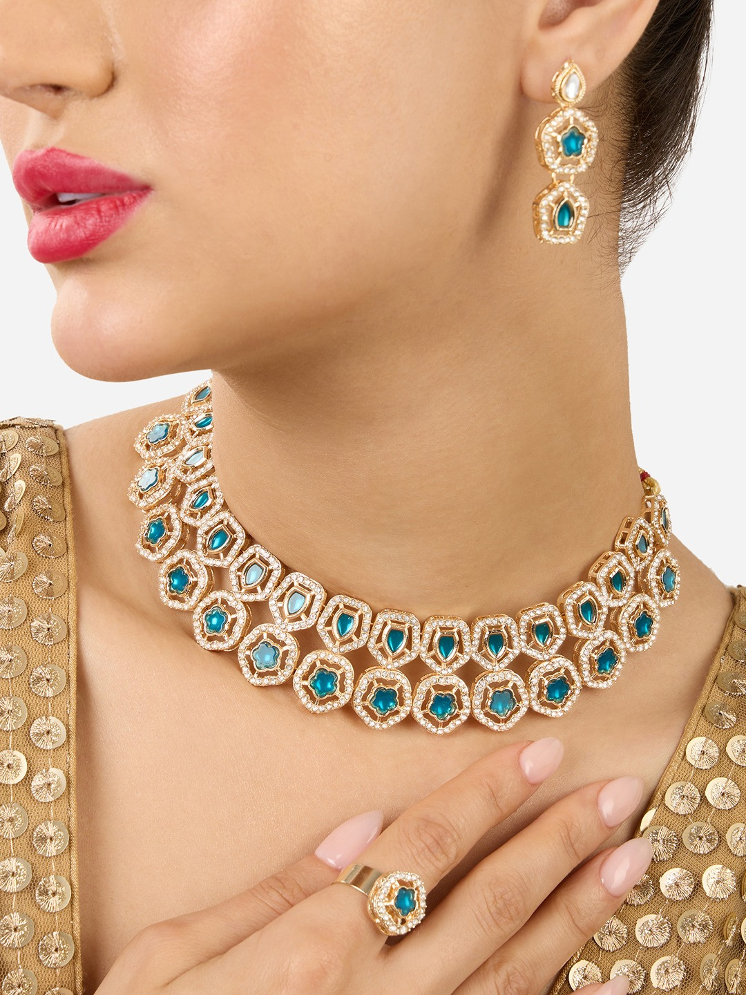 

Zaveri Pearls Gold-Plated Stone Studded Jewellery Set