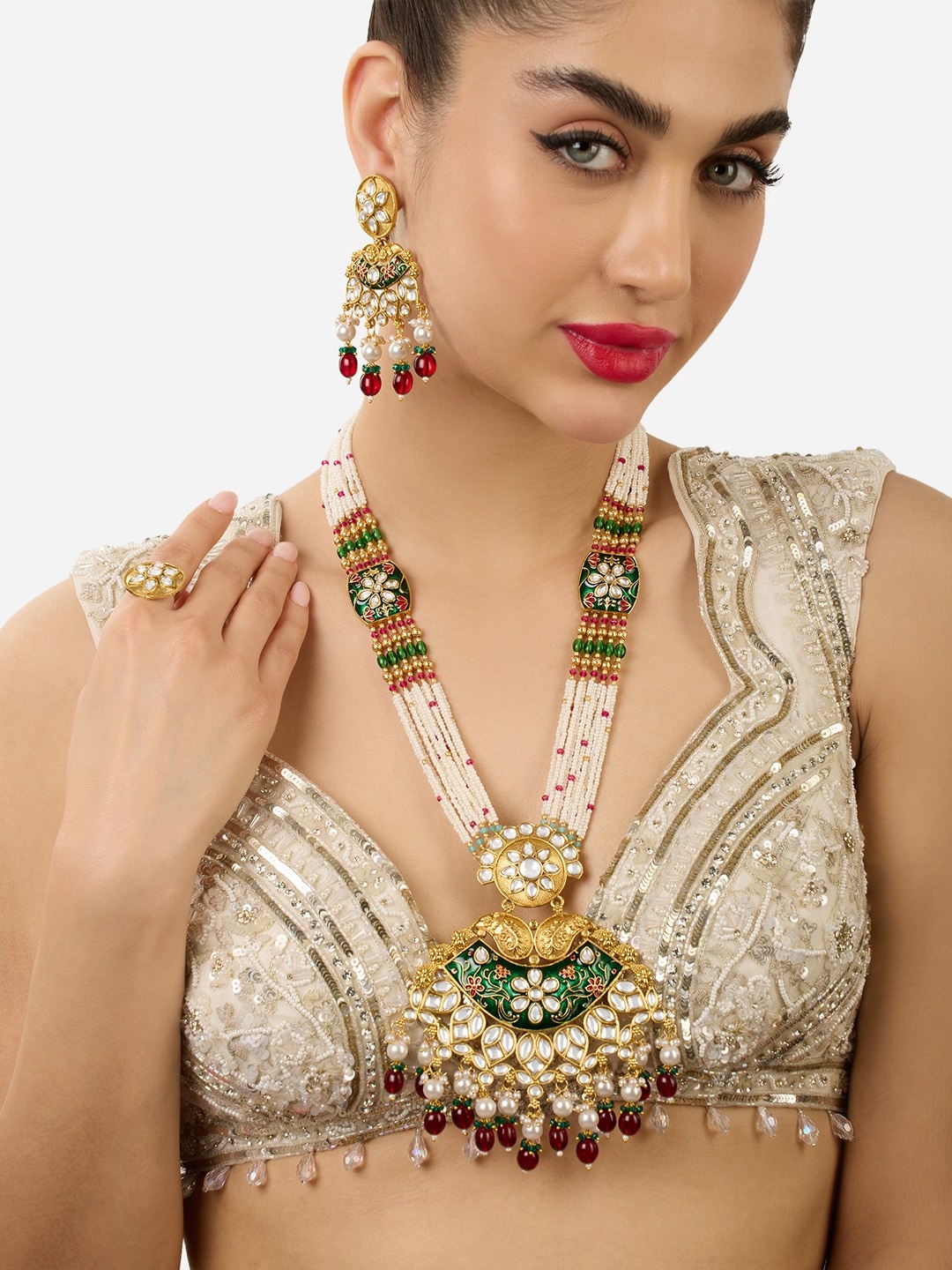 

Zaveri Pearls Gold-Plated Kundan-Studded & Beaded Meenakari Jewellery Set