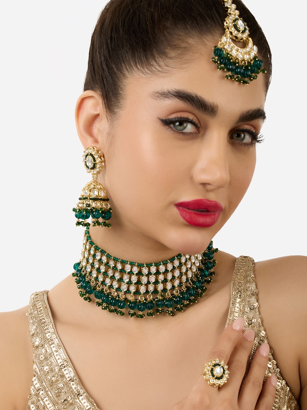 

Zaveri Pearls Gold-Plated Stone Studded Jewellery Set