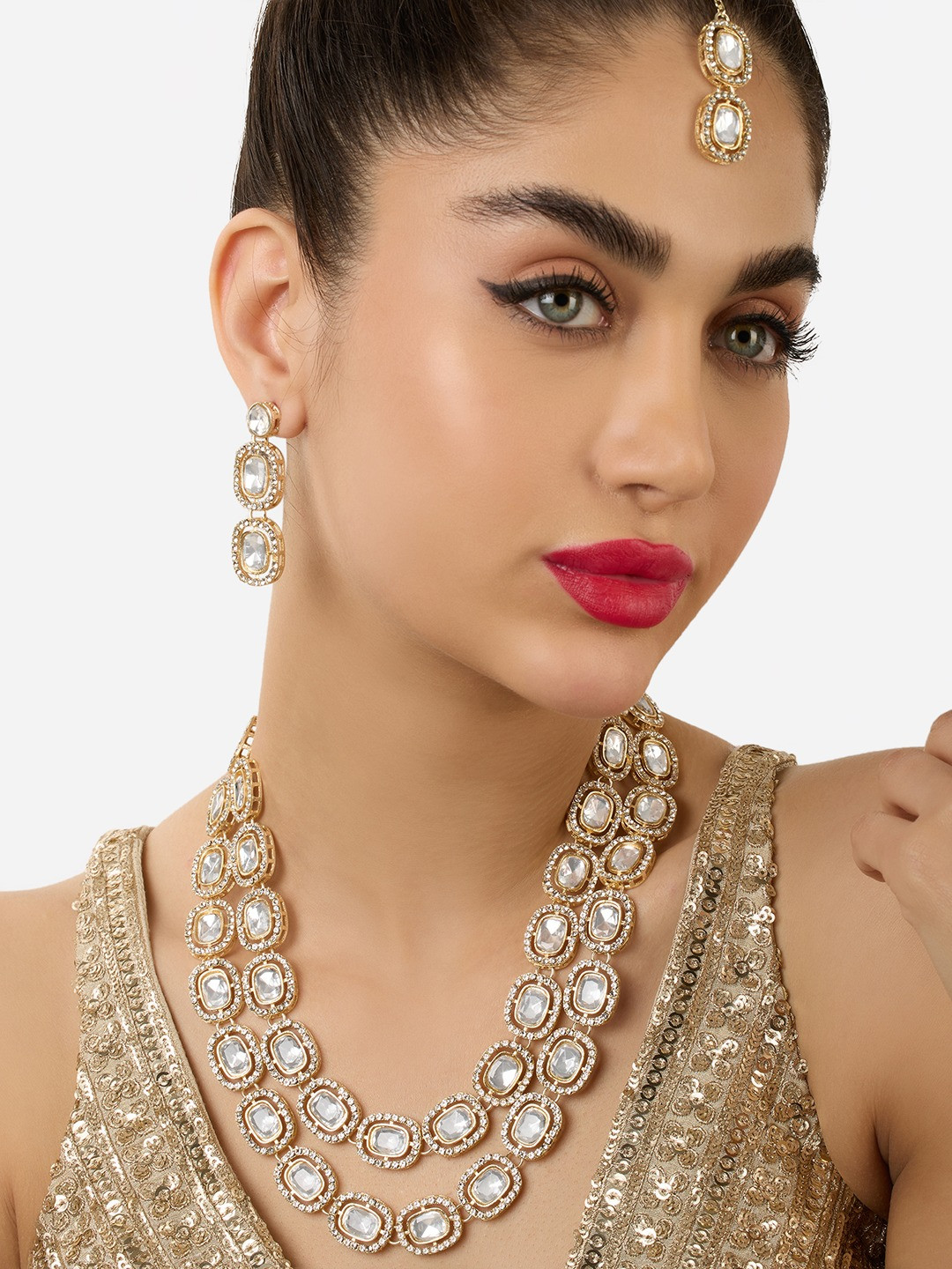 

Zaveri Pearls Gold-Plated Stone-Studded Double-Layered Jewellery Set