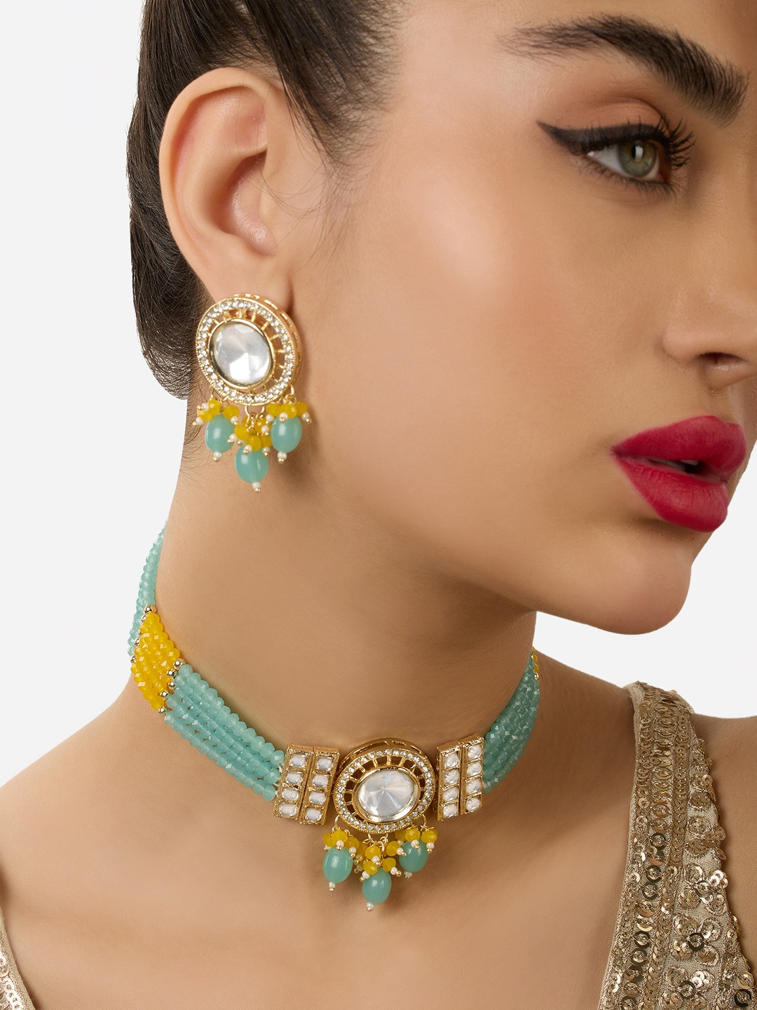 

Zaveri Pearls Gold-Plated Stone Studded & Beaded Jewellery Set, Turquoise blue