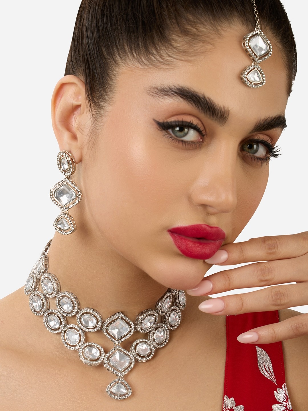 

Zaveri Pearls Gold-Plated Stone Studded Jewellery Set, Silver