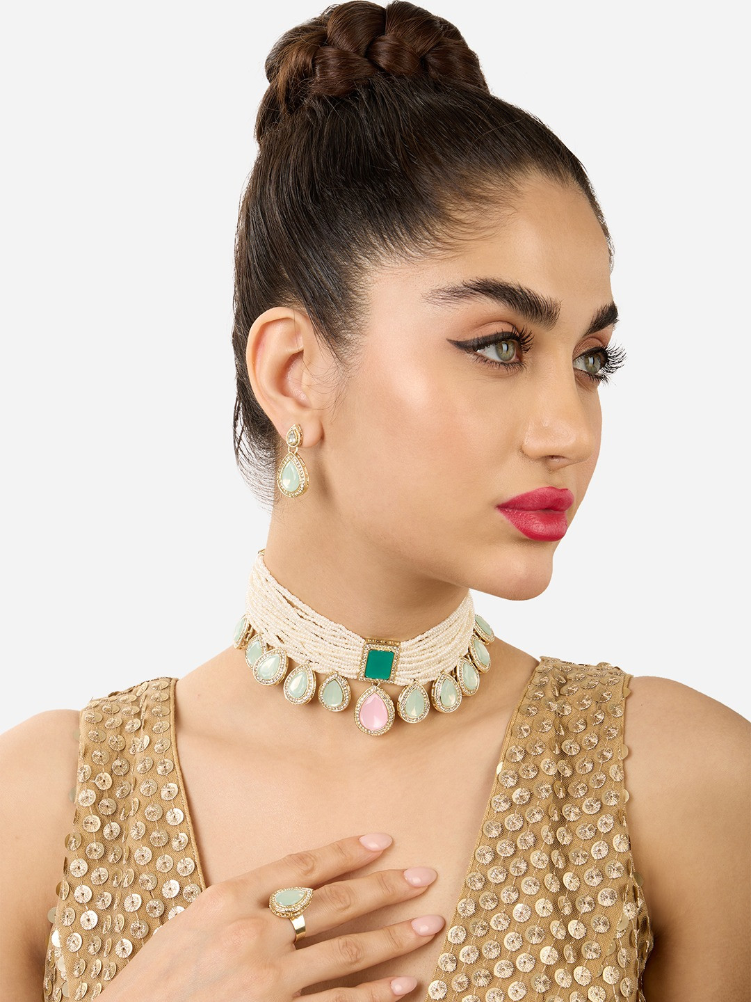 

Zaveri Pearls Gold-Plated Stone Studded Jewellery Set