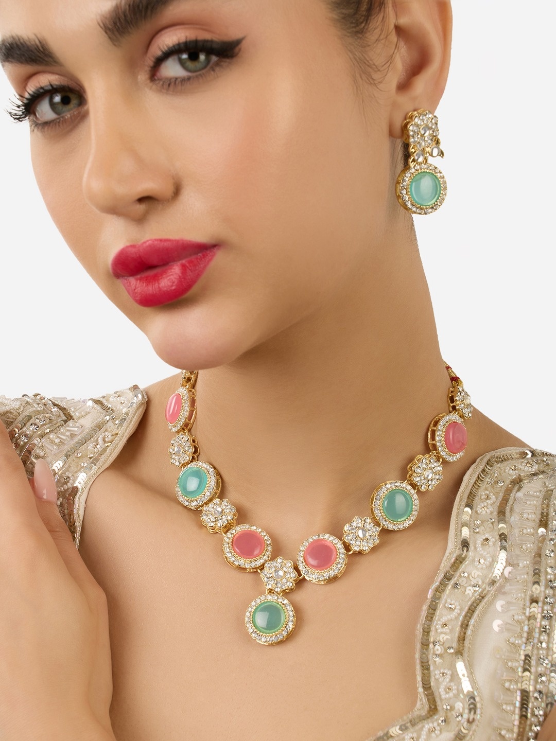 

Zaveri Pearls Gold-Plated Stones & Austrian Diamonds-Studded Jewellery Set