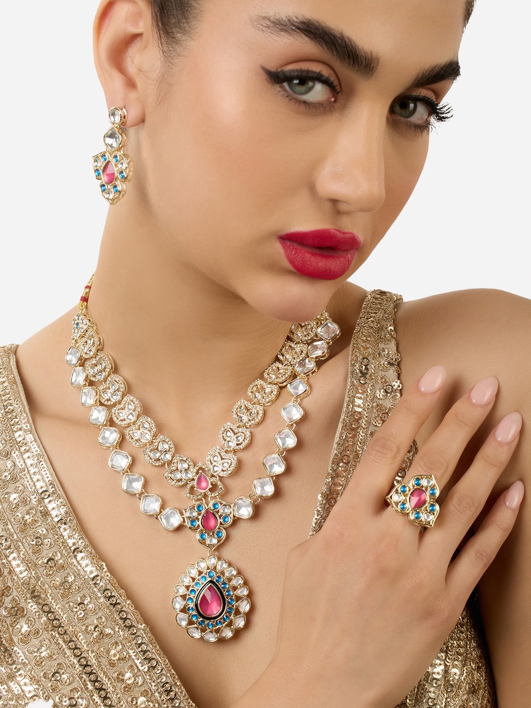 

Zaveri Pearls Gold-Plated Stones-Studded Layered Jewellery Set