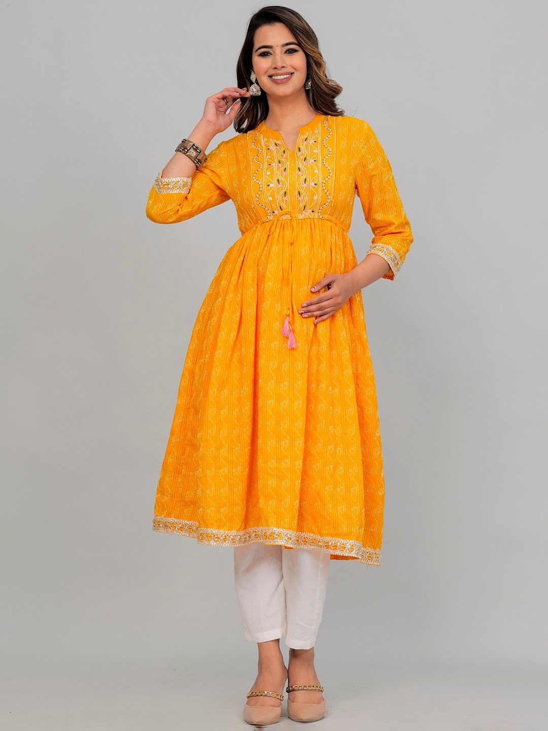 

SGRF Women Flared Sleeves Mirror Work Maternity Anarkali Kurta, Mustard
