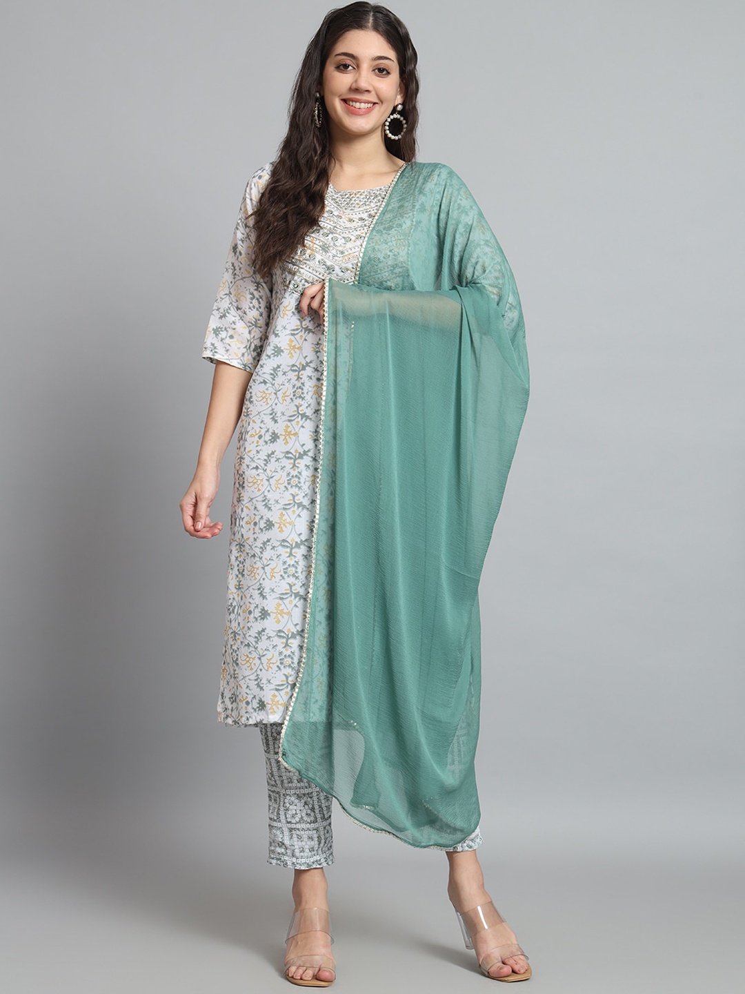 

THE52 Women Floral Embroidered Regular Sequinned Chanderi Silk Kurta with Trousers & With Dupatta, White