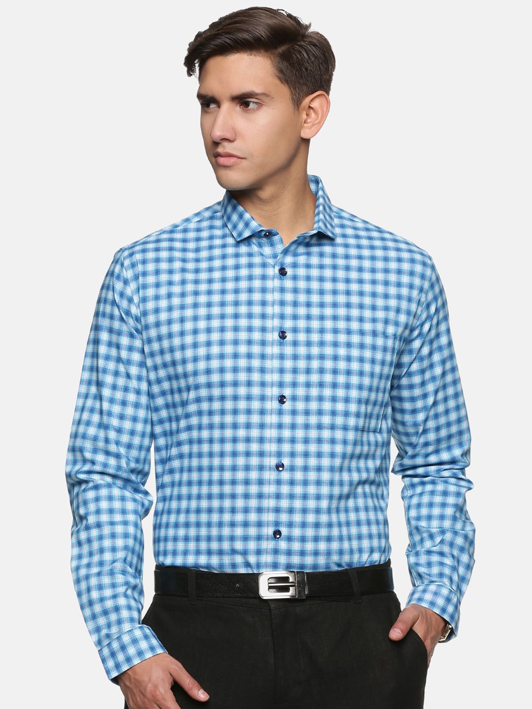 

DON VINO Men Comfort Slim Fit Gingham Checks Opaque Checked Formal Shirt, Blue