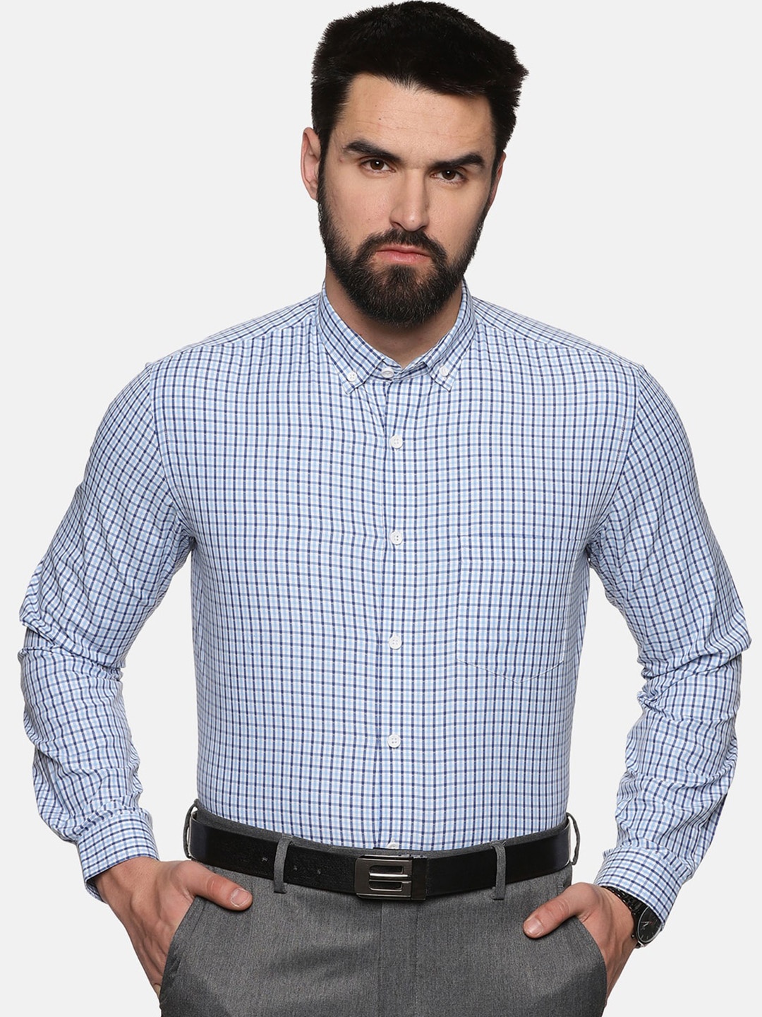 

DON VINO Men Comfort Slim Fit Opaque Checked Formal Shirt, Blue