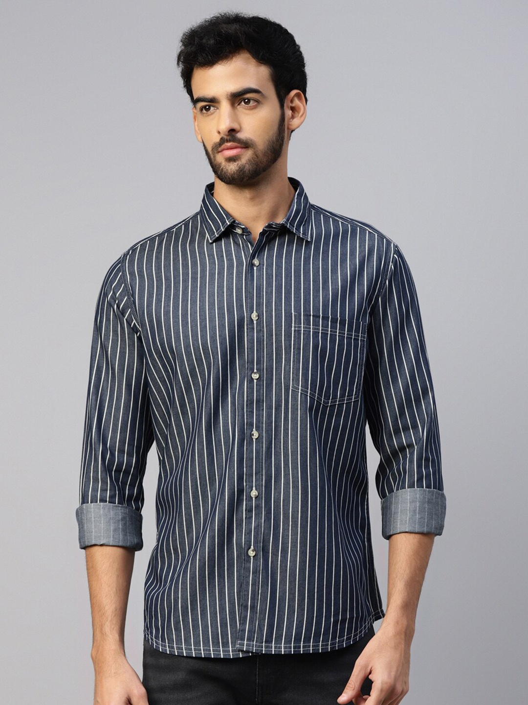 

DON VINO Comfort Fit Striped Spread Collar Long Roll Up Sleeves Casual Shirt, Blue
