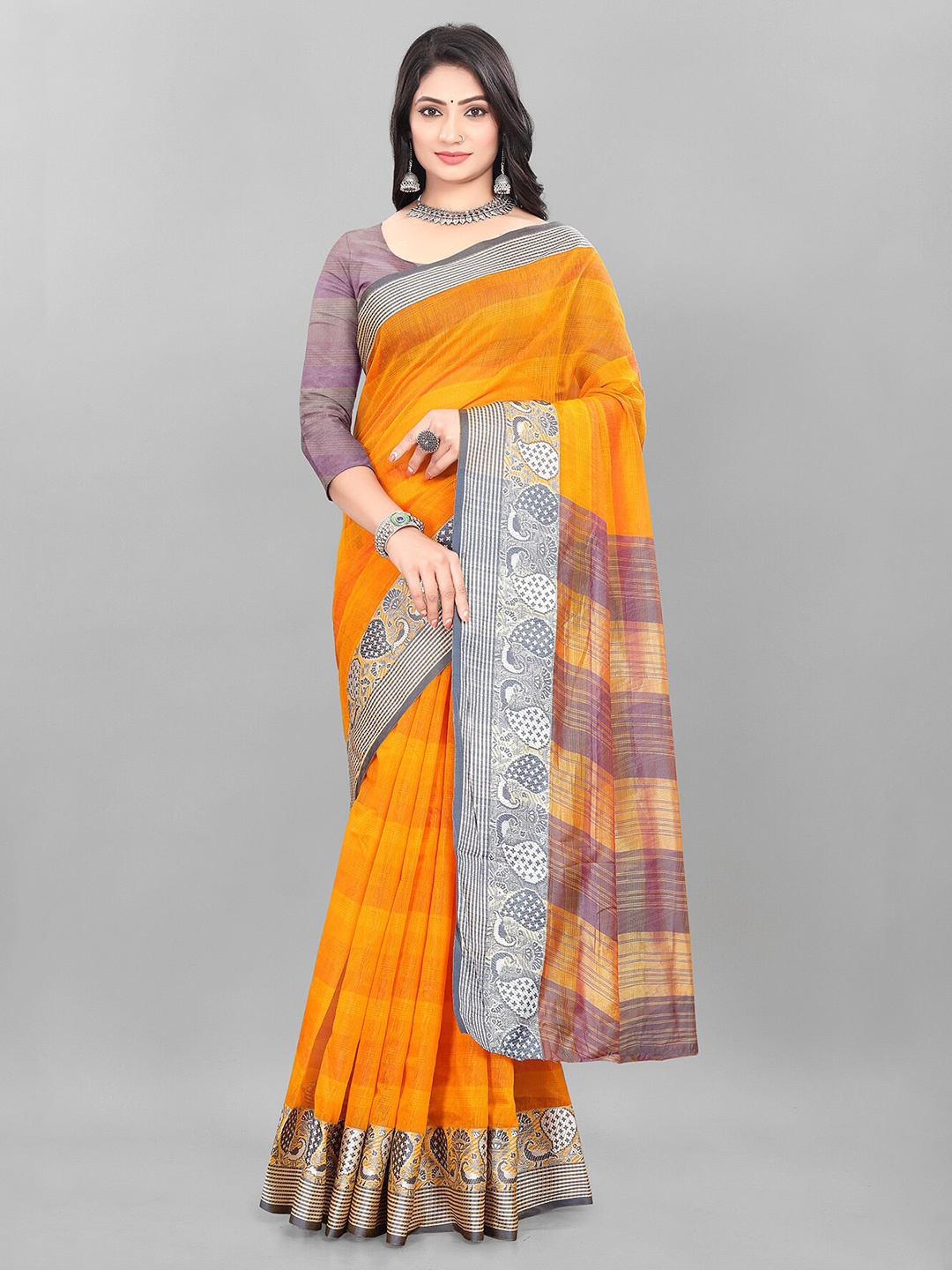 

MAGNEITTA Woven Design Kanjeevaram Saree, Mustard