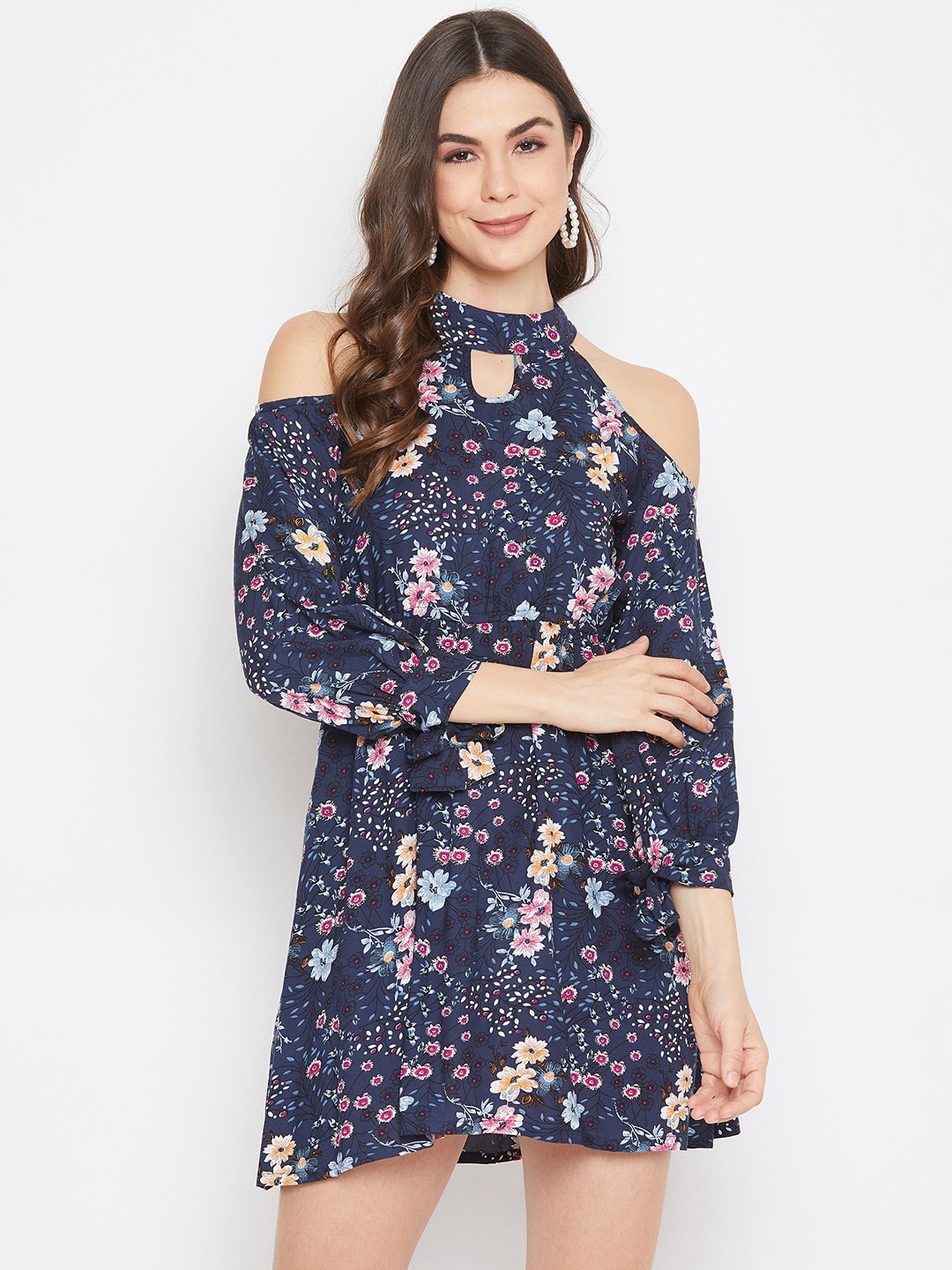 

DELAN Floral Print Keyhole Neck A-Line Mini Dress, Navy blue
