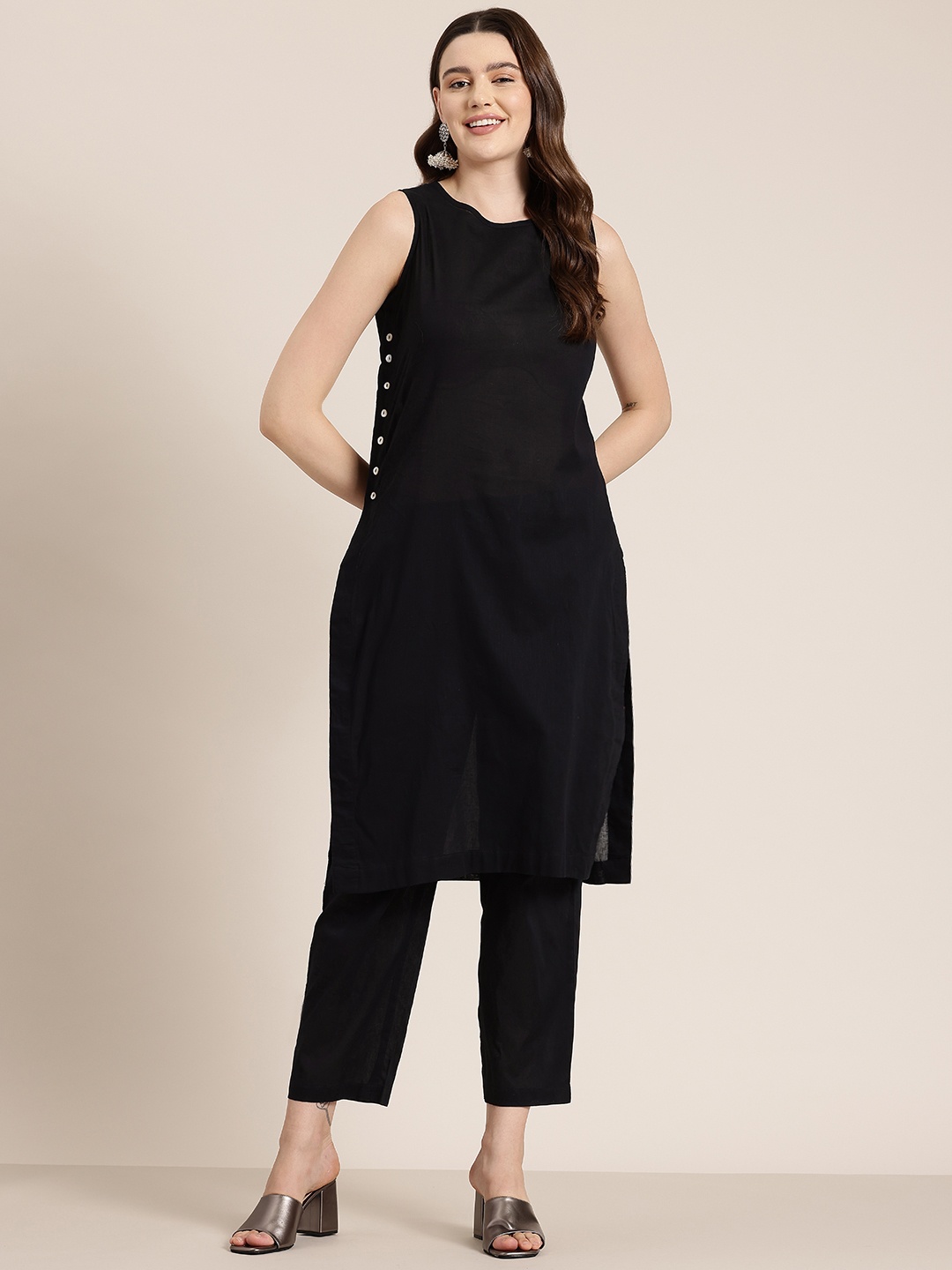 

HERE&NOW Side Open-Detail with Button Pure Cotton Kurta with Trousers, Black