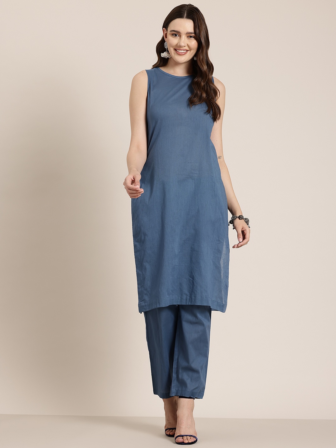 

HERE&NOW Side Open-Detail with Button Pure Cotton Kurta with Trousers, Grey