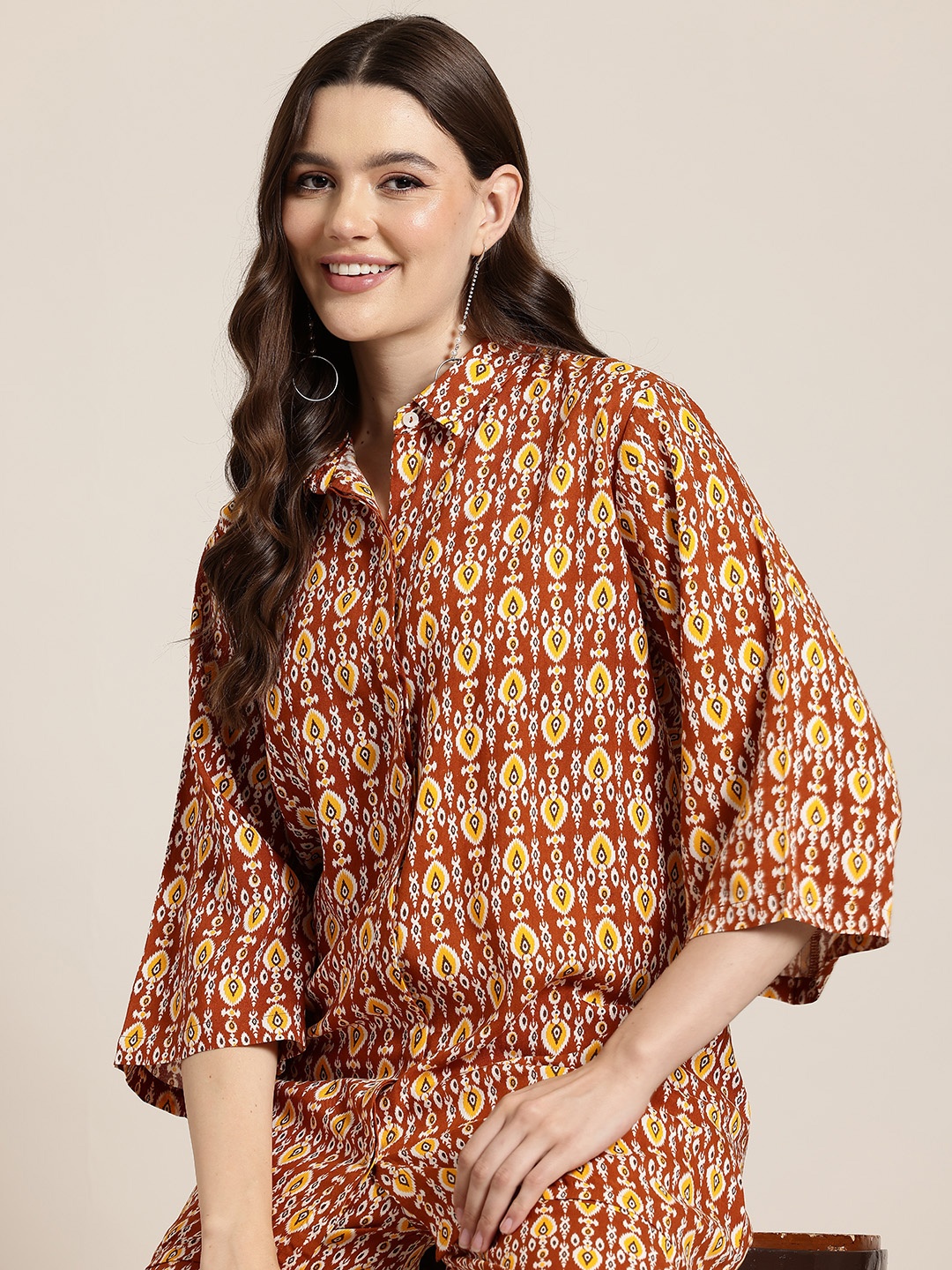 

HERE&NOW Women Ethnic Motifs Printed Regular Kurti with Trousers, Rust