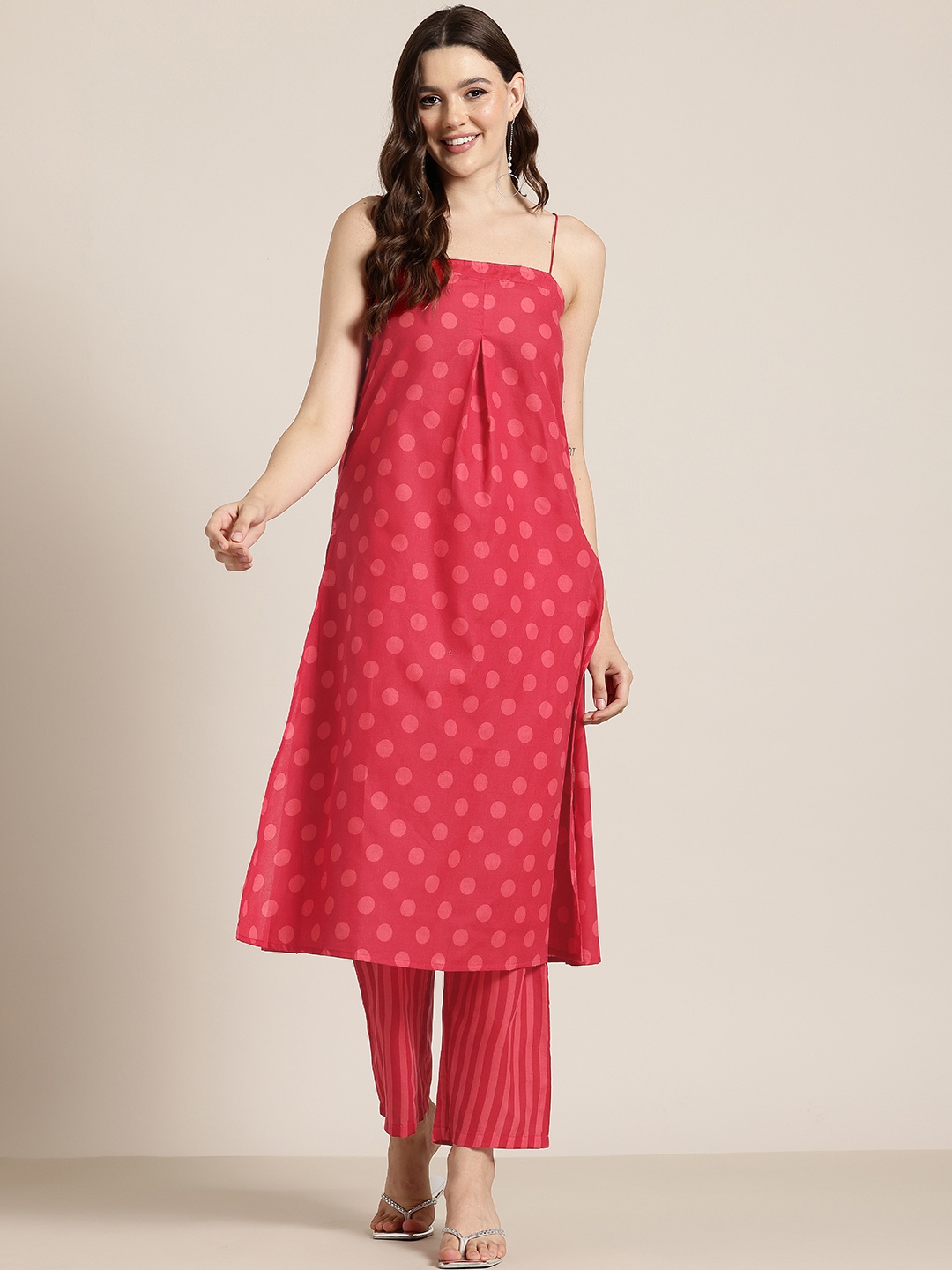 

HERE&NOW Women Polka Dot Printed Kurta with Trousers, Red