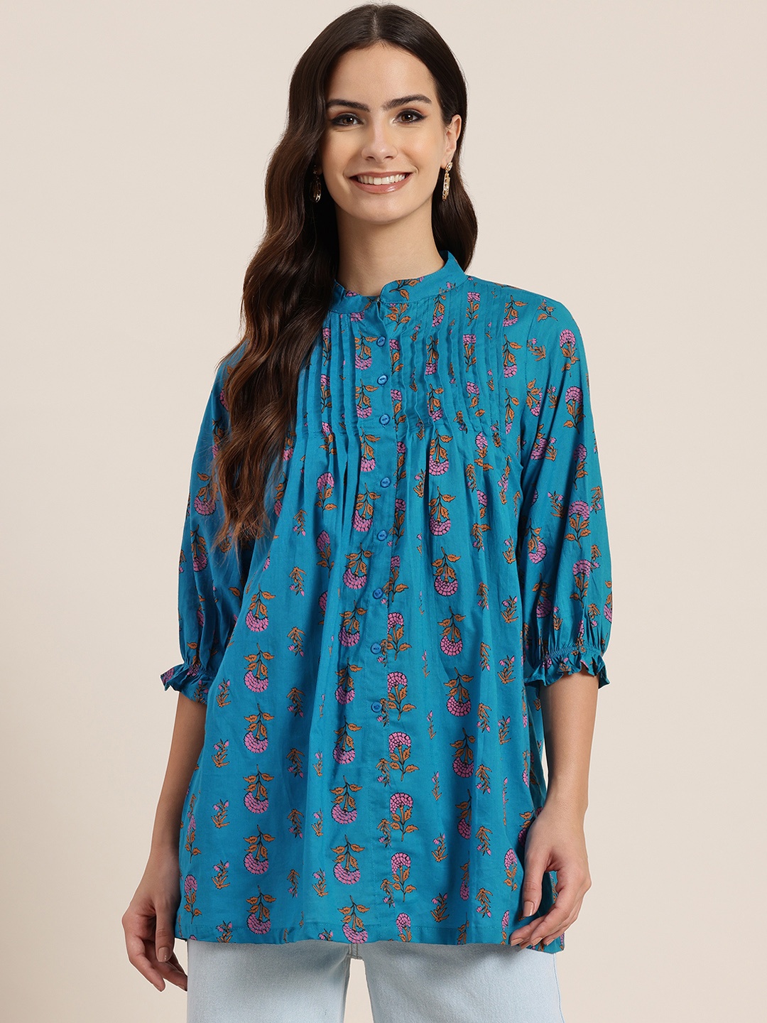 

HERE&NOW Floral Printed Pure Cotton Pleated Kurti, Blue