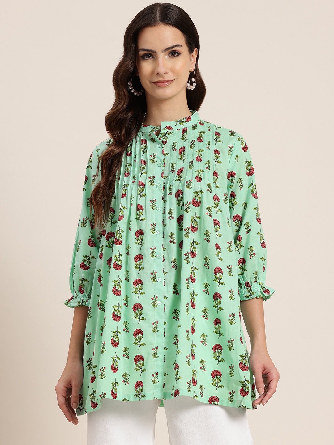 

HERE&NOW Floral Printed Pure Cotton Pleated Kurti, Green