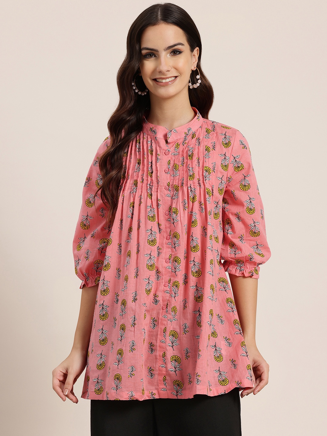 

HERE&NOW Floral Printed Pure Cotton Pleated Kurti, Pink