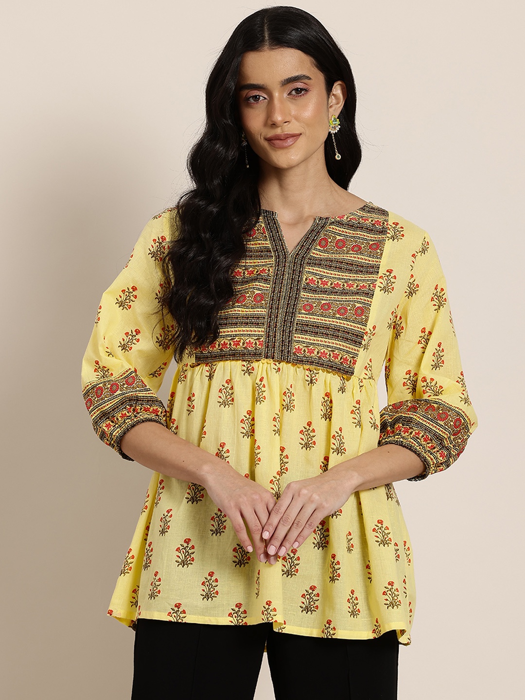 

HERE&NOW Ethnic Motifs Print Pure Cotton Pleated Kurti, Yellow