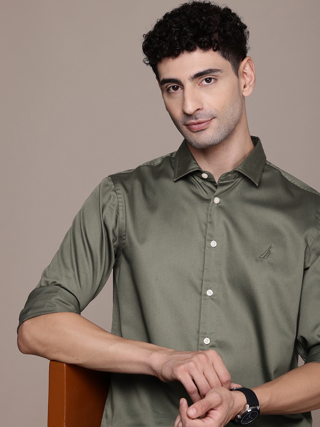 

Nautica Pure Cotton Satin Finish Slim Fit Opaque Casual Shirt, Olive