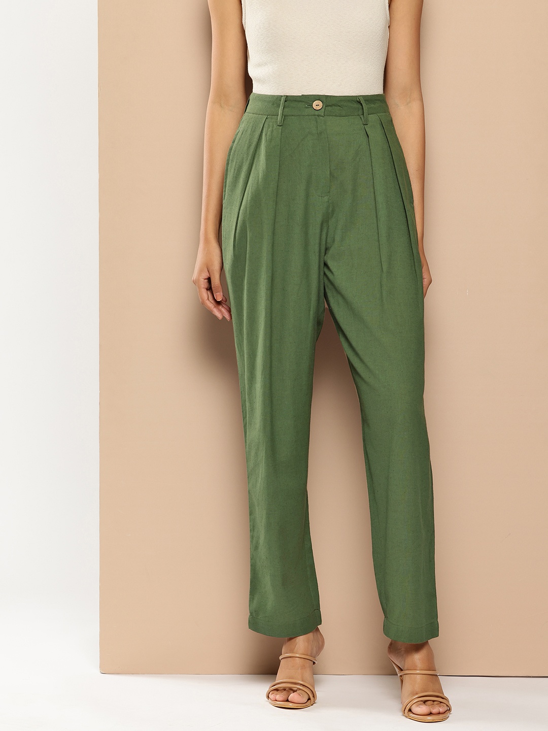 

Chemistry Women Cotton Linen High-Rise Pleated Trousers, Green