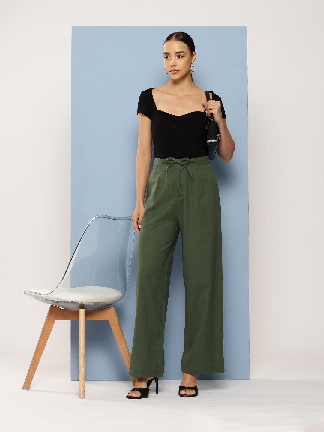 

Chemistry Women Cotton Linen Tie-Up Detail Trousers, Olive