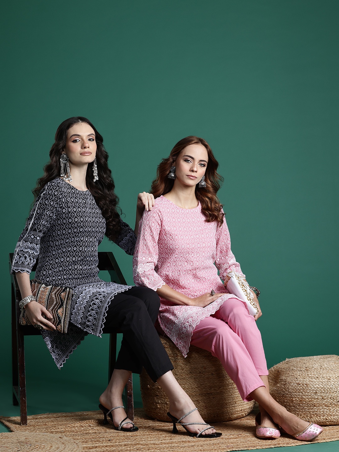 

Sangria Pure Cotton Embroidered Kurta with Trousers, Pink