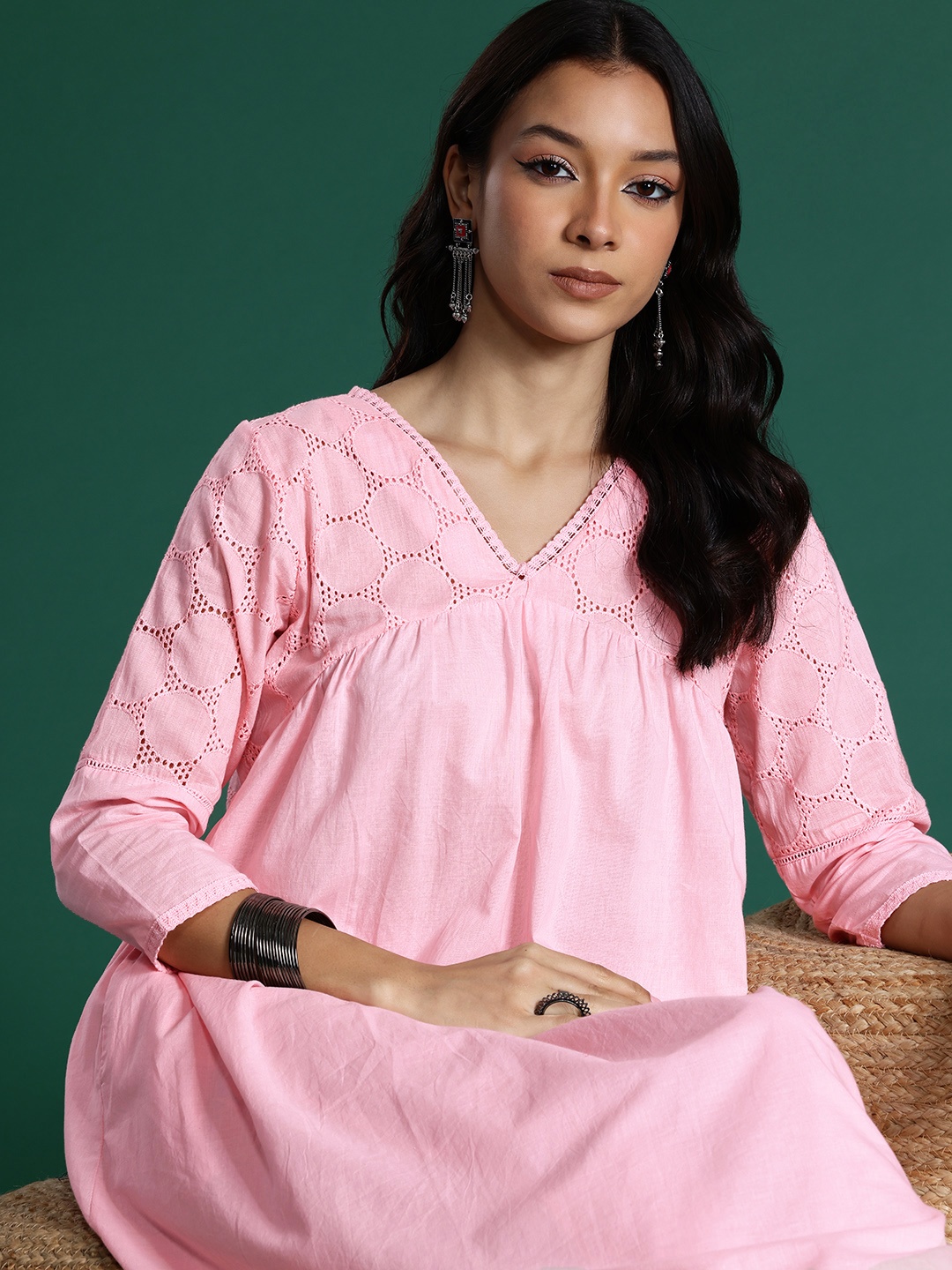 

Sangria Schiffli Empire Pure Cotton Kurta with Trousers, Pink