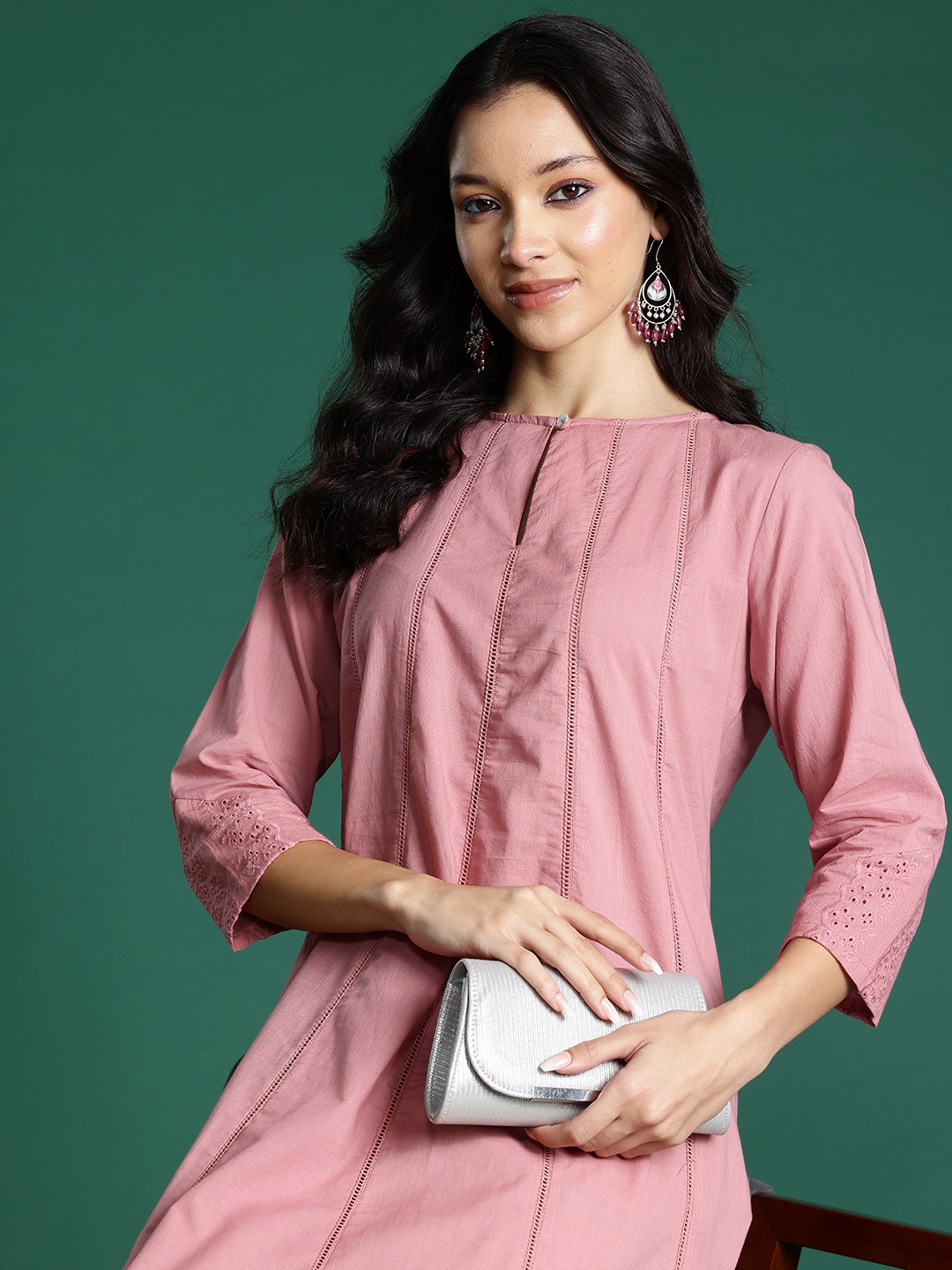 

Sangria Panelled Thread Work Pure Cotton Schiffli Kurta with Trousers, Pink