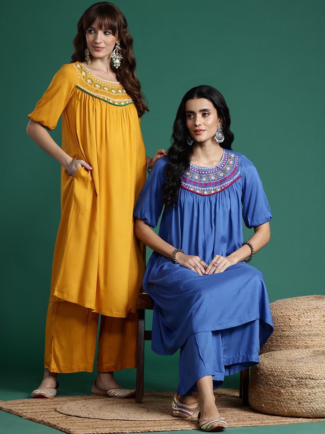 

Sangria Yoke Design Embroidered Kurta with Palazzos, Mustard