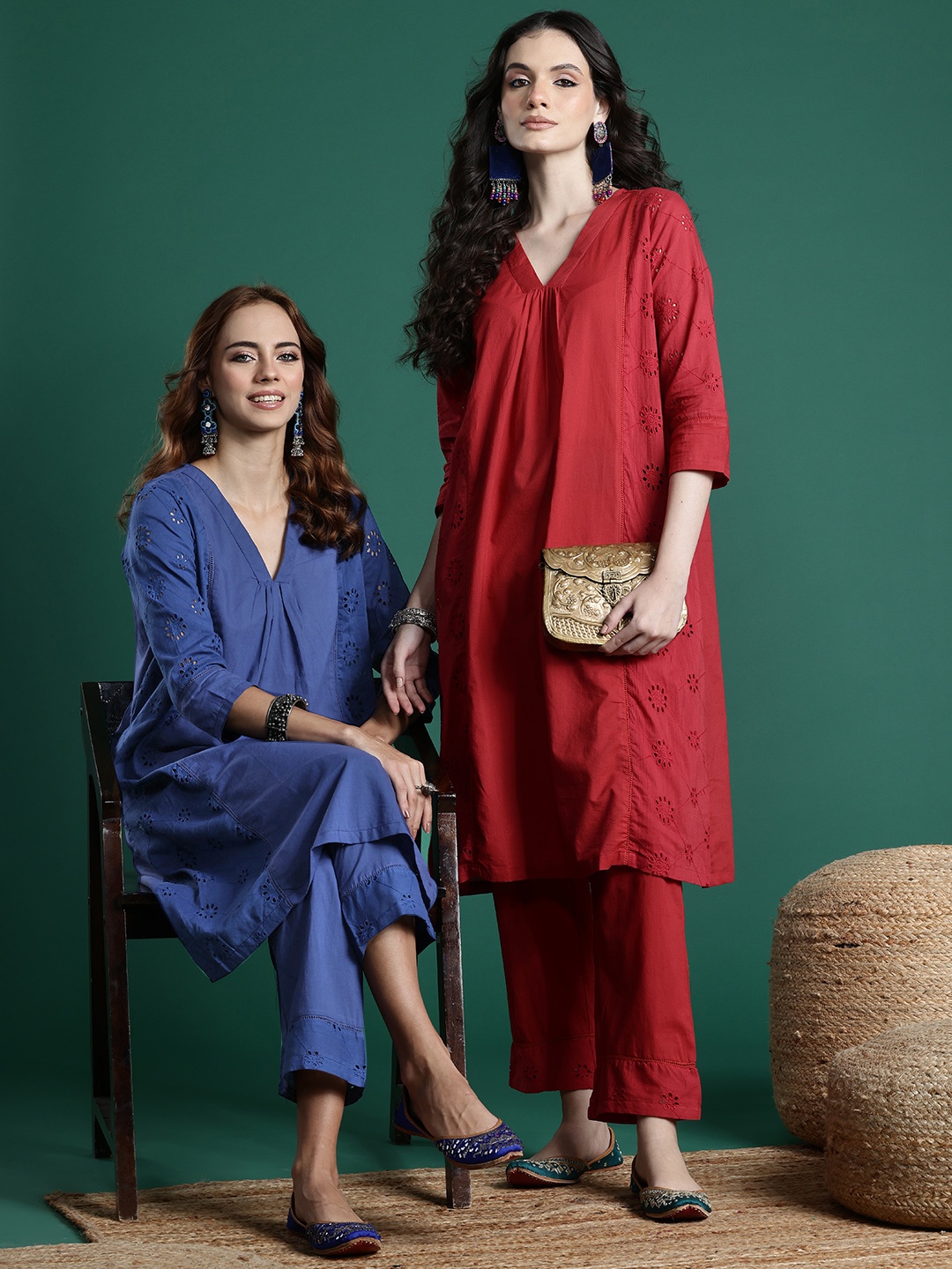 

Sangria Women Floral Panelled Thread Work Pure Cotton Kurta with Trousers, Blue