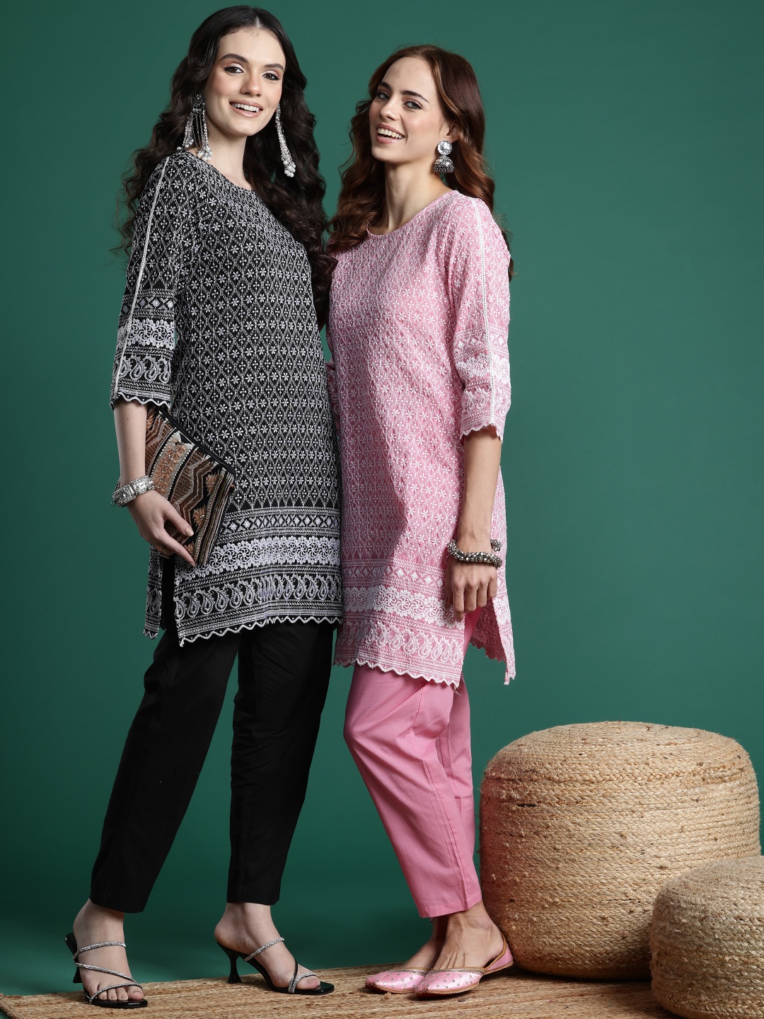 

Sangria Pure Cotton Embroidered Kurta with Trousers, Black