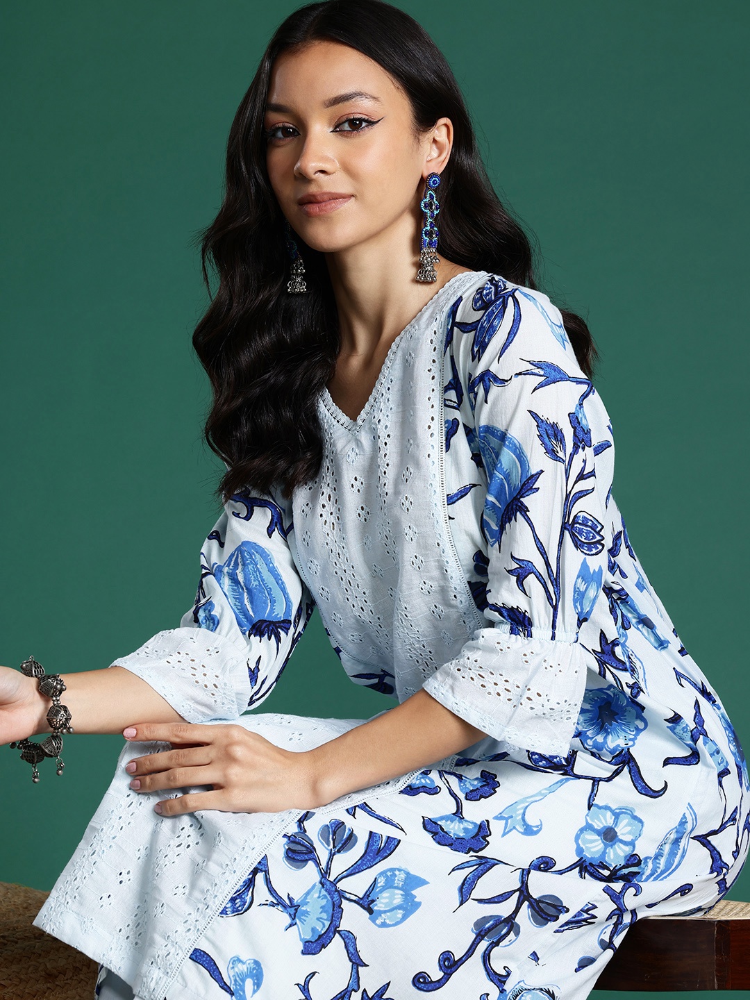

Sangria Floral Printed Schiffli Detail Pure Cotton Kurta Set, White