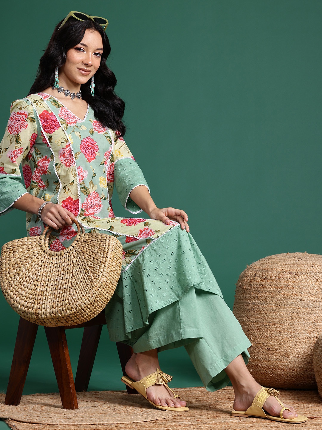 

Sangria Women Printed Pure Cotton Schiffli Panelled Kurta with Palazzo, Sea green