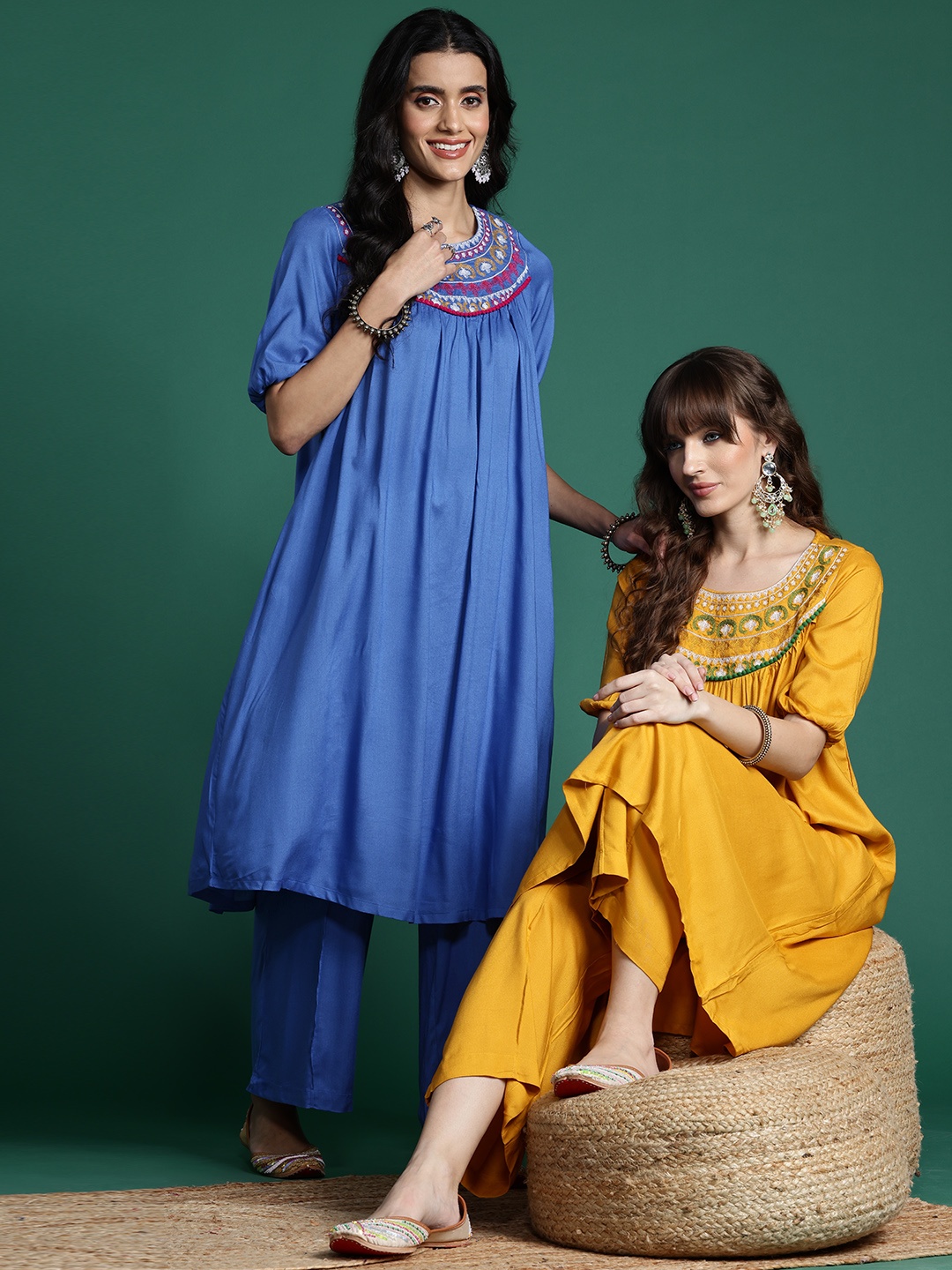 

Sangria Yoke Design Pleated Kurta with Palazzos, Blue