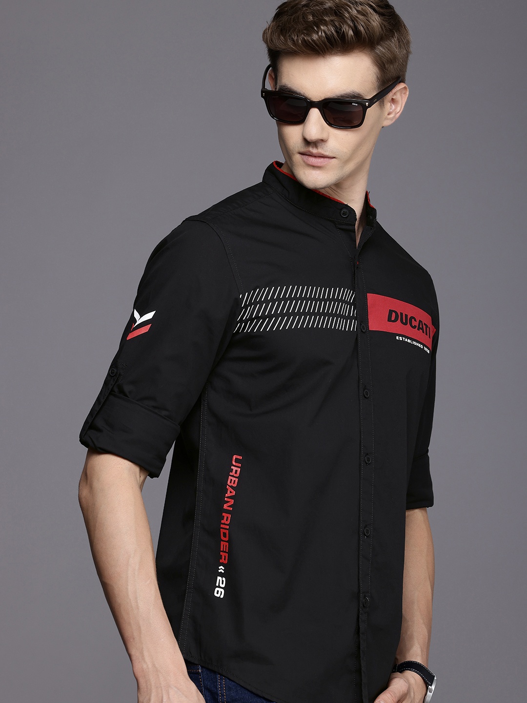 

Ducati Brand Logo Printed Band Collar Pure Cotton Casual Shirt, Black