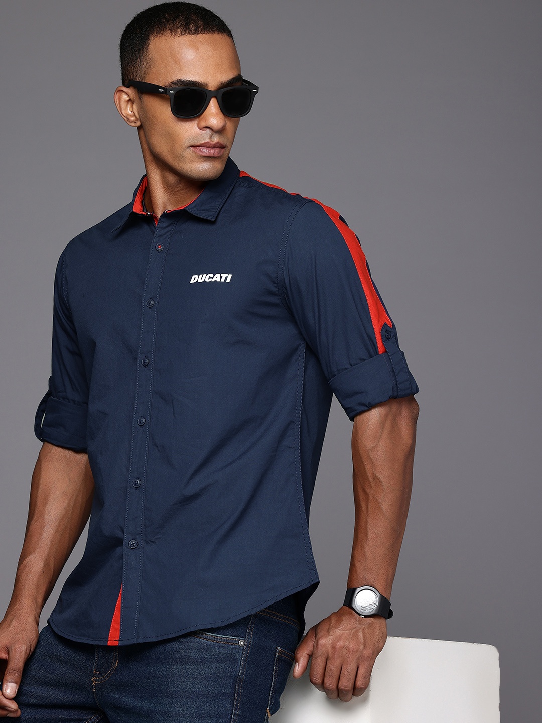 

Ducati Pure Cotton Spread Collar Opaque Casual Shirt, Navy blue