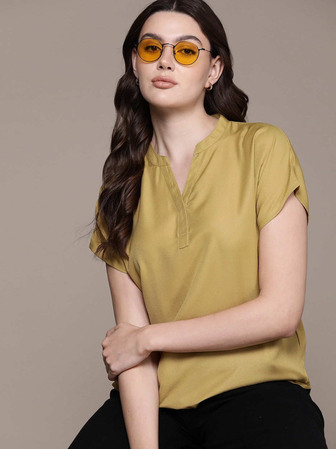 

The Roadster Lifestyle Co. Mandarin Collar Short Sleeve Top, Mustard