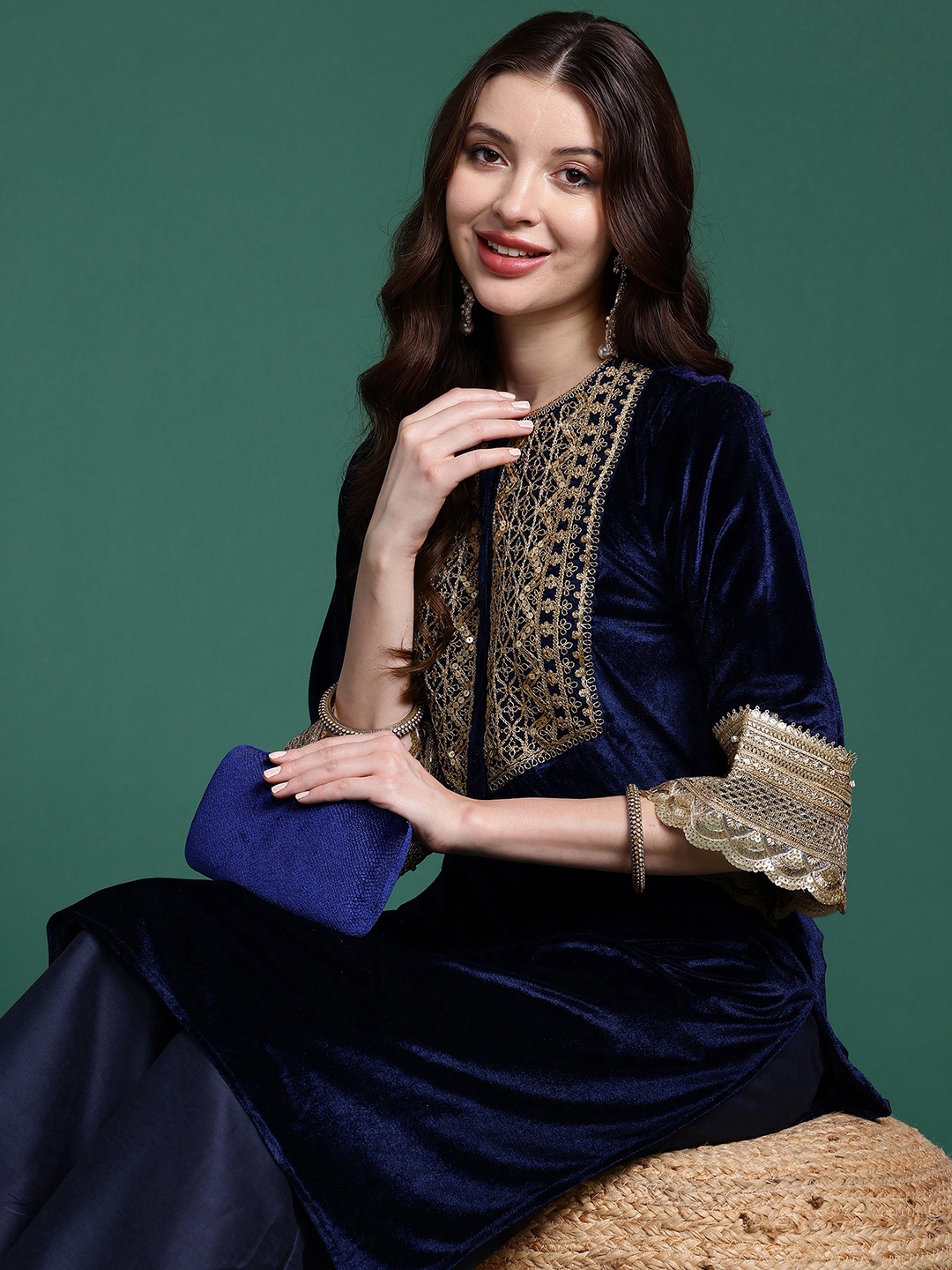 

Sangria Velvet Embroidered Kurta with Palazzos, Navy blue