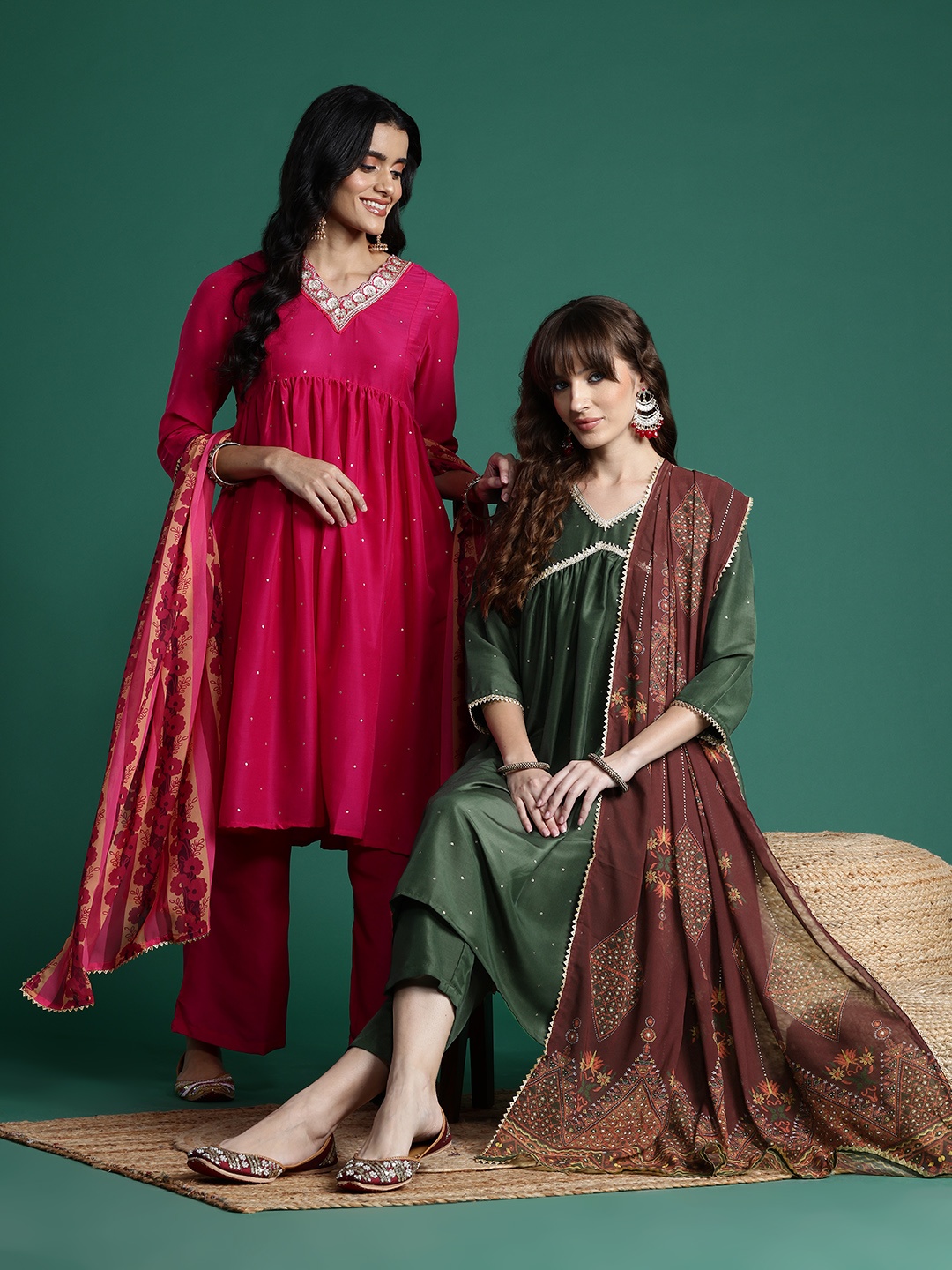 

Sangria Printed Empire Gotta Patti Kurta with Trousers & With Dupatta, Olive