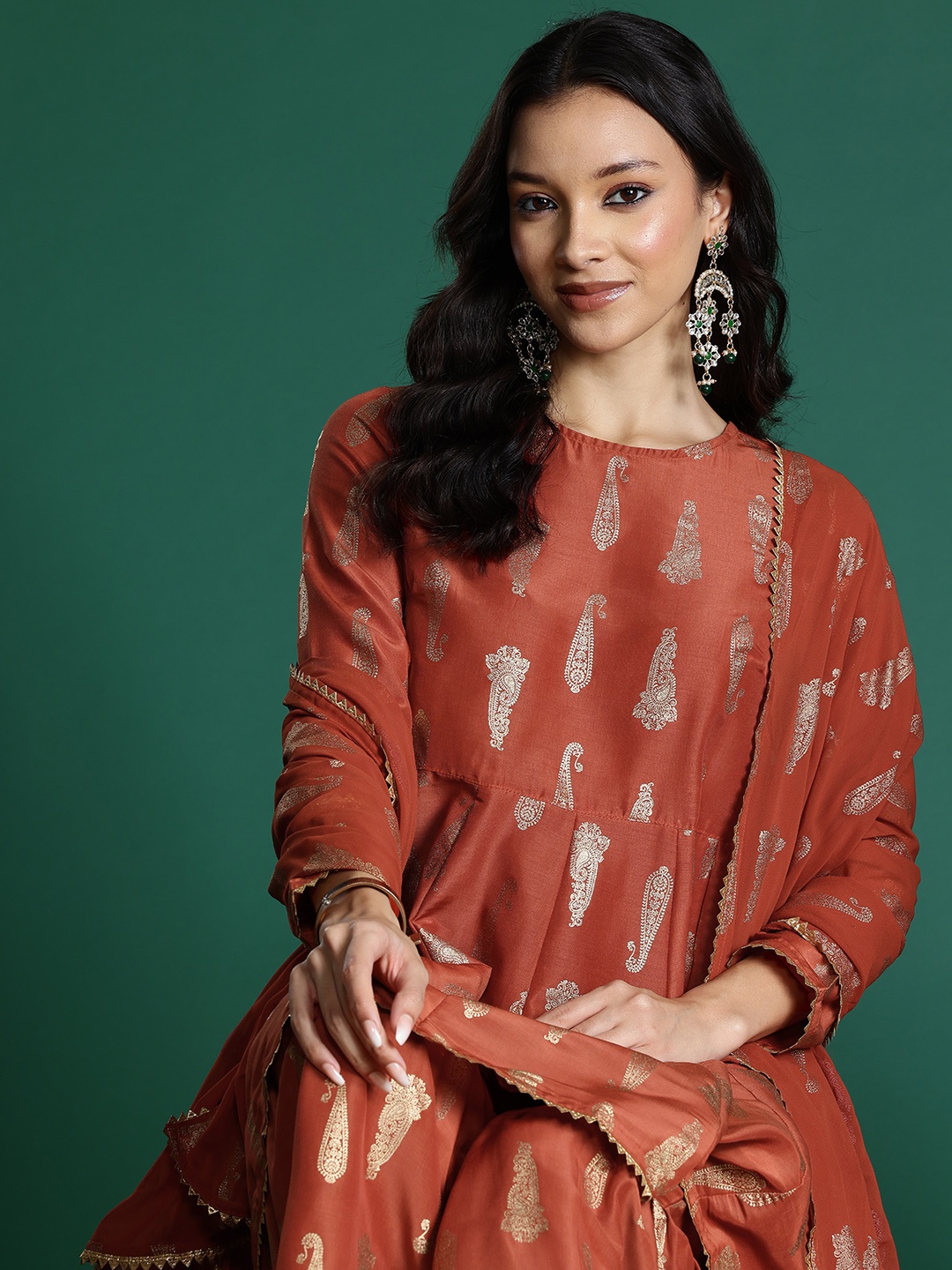 

Sangria Paisley Printed Empire Gotta Patti Kurta with Sharara & Dupatta, Rust