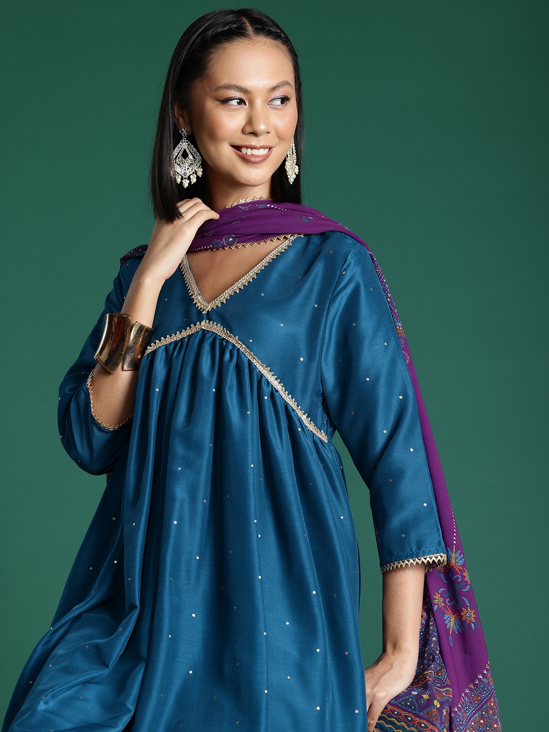 

Sangria Printed Empire Gotta Patti Kurta with Trousers & With Dupatta, Teal