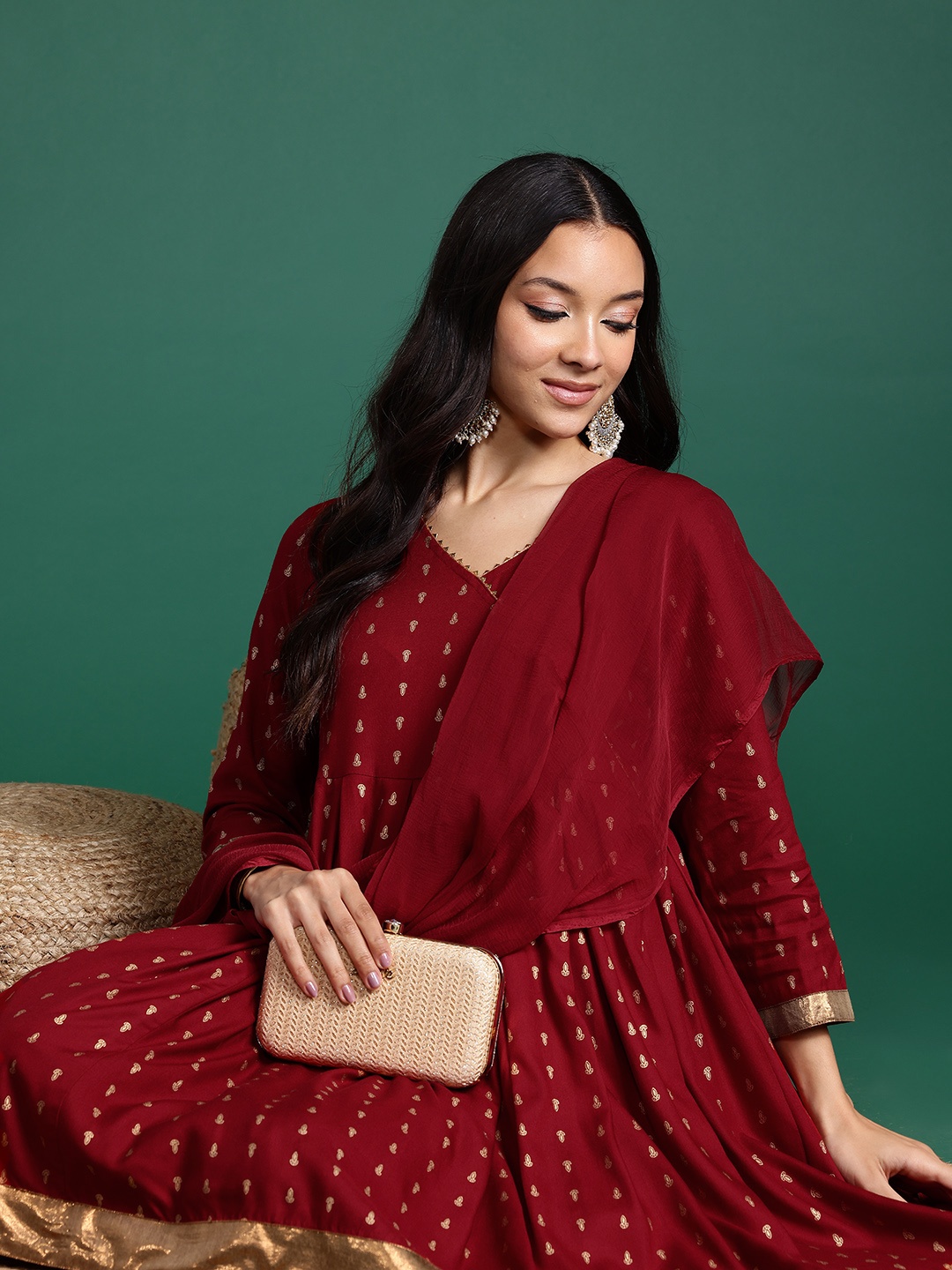 

Sangria Ethnic Printed Pleated Wrap Kurta with Sharara & Dupatta, Maroon