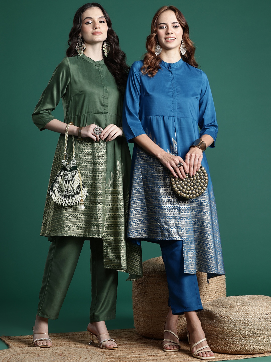 

Sangria Ethnic Motifs Printed Asymmetric Kurta with Trousers, Olive