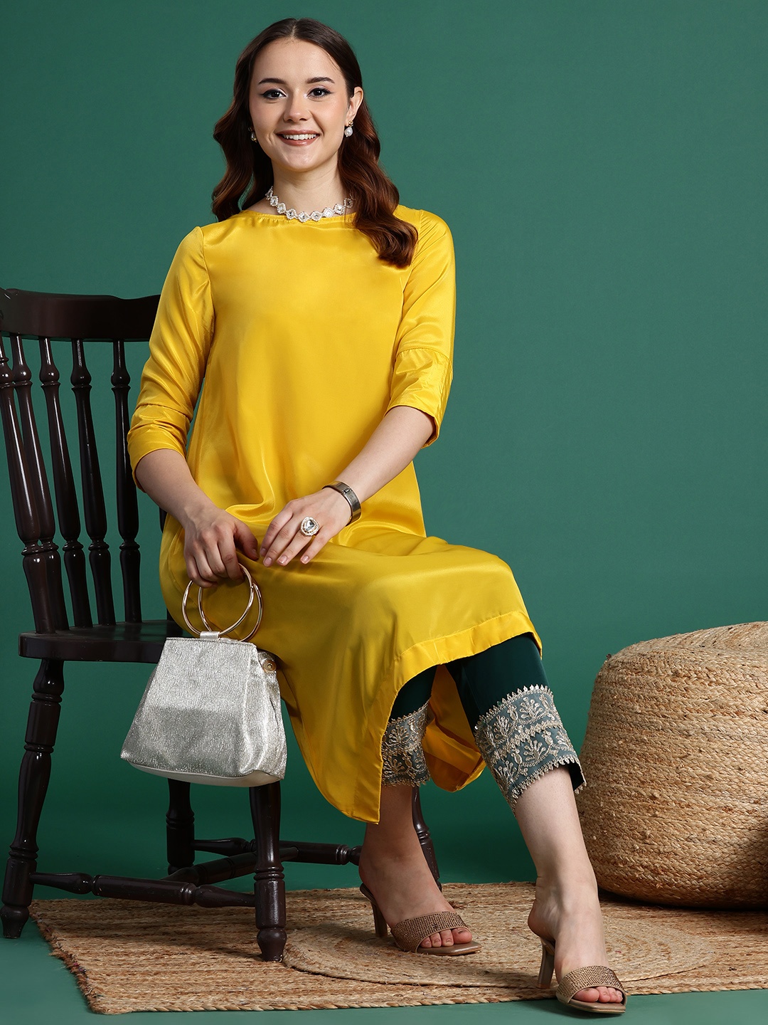 

Sangria Satin Asymmetric Hem Kurta with Sequinned Trousers, Yellow