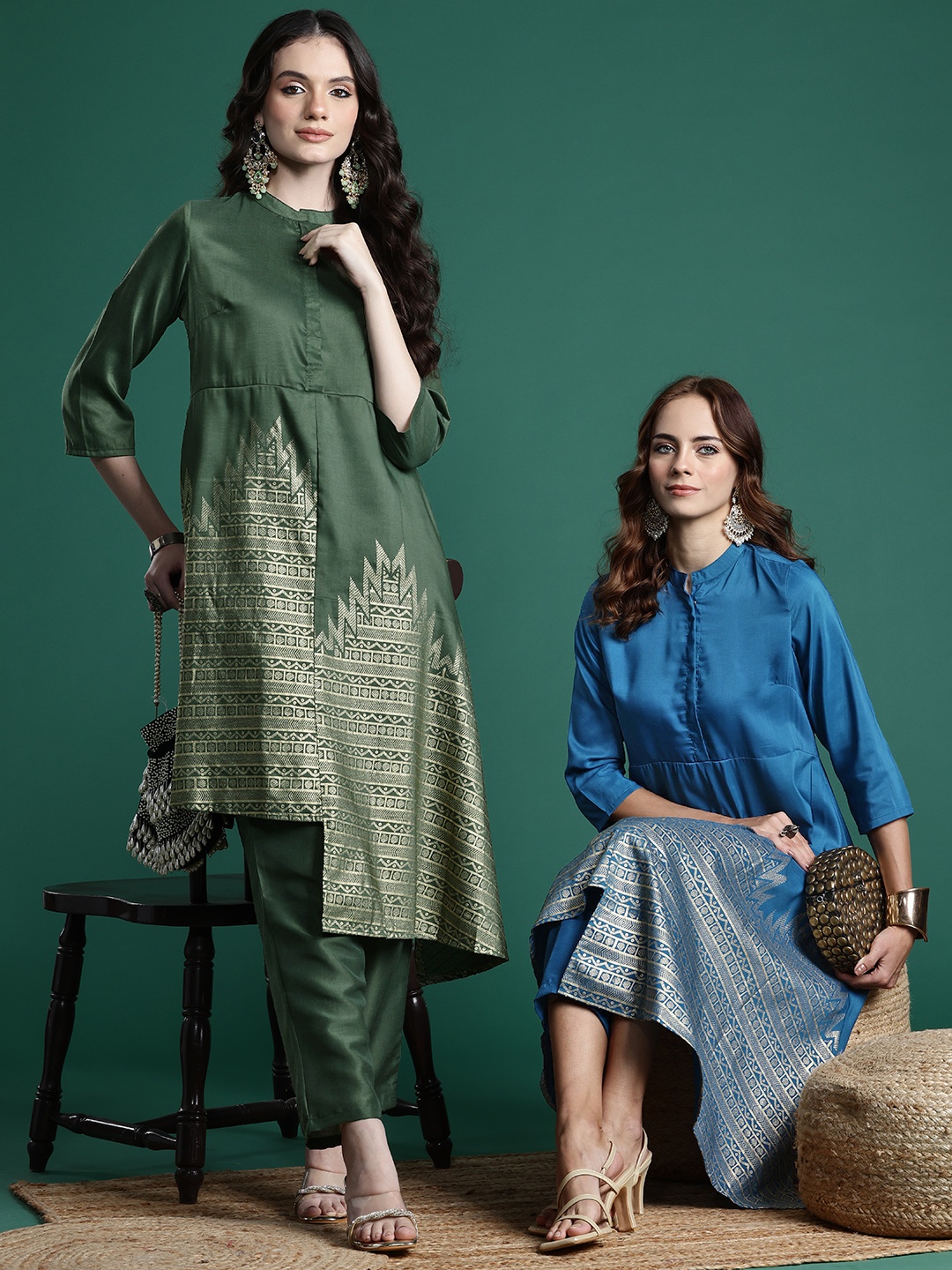 

Sangria Ethnic Motifs Print Asymmetric Kurta with Trousers, Blue