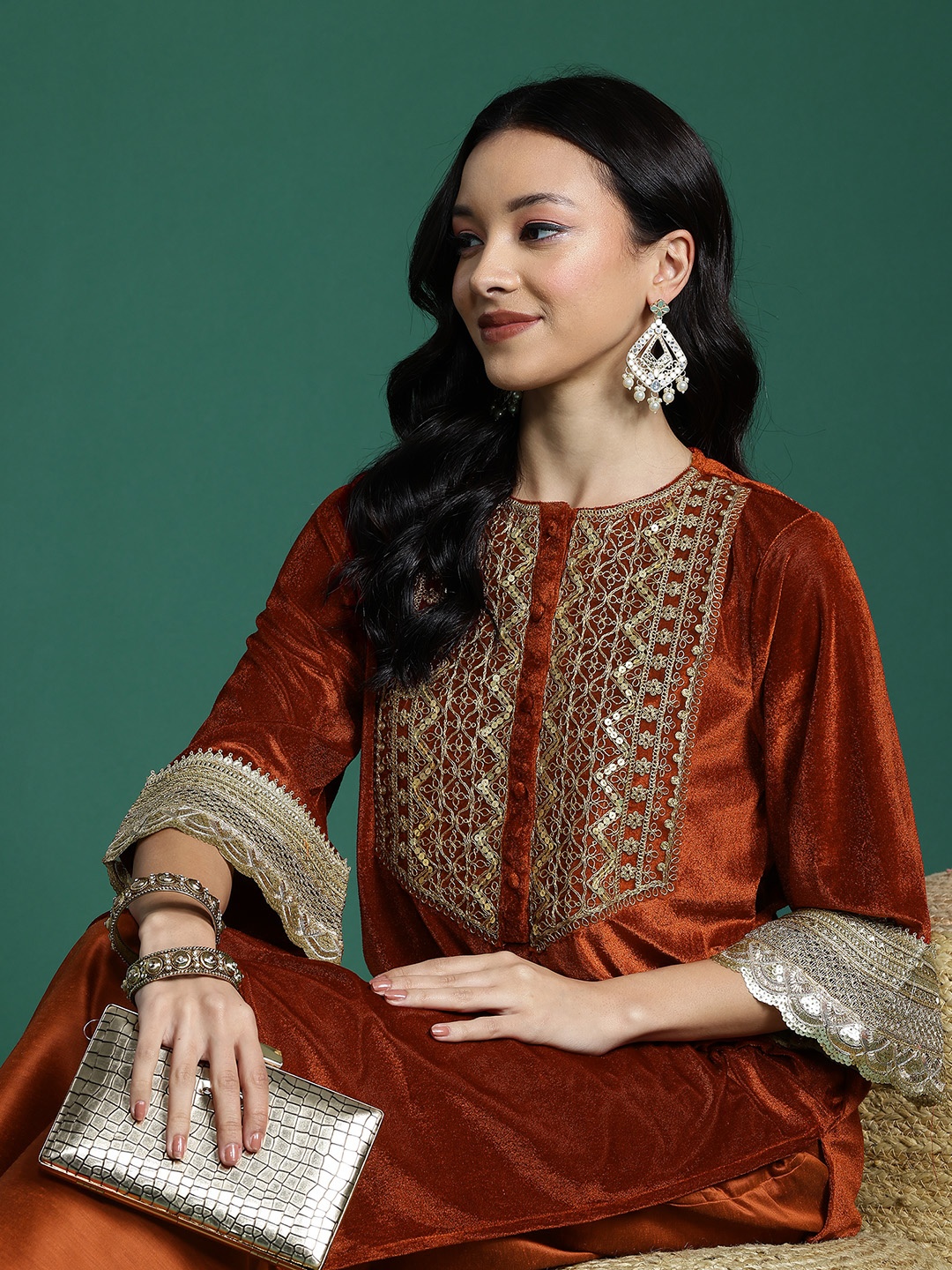 

Sangria Velvet Zari Yoke Design Kurta with Palazzos, Rust